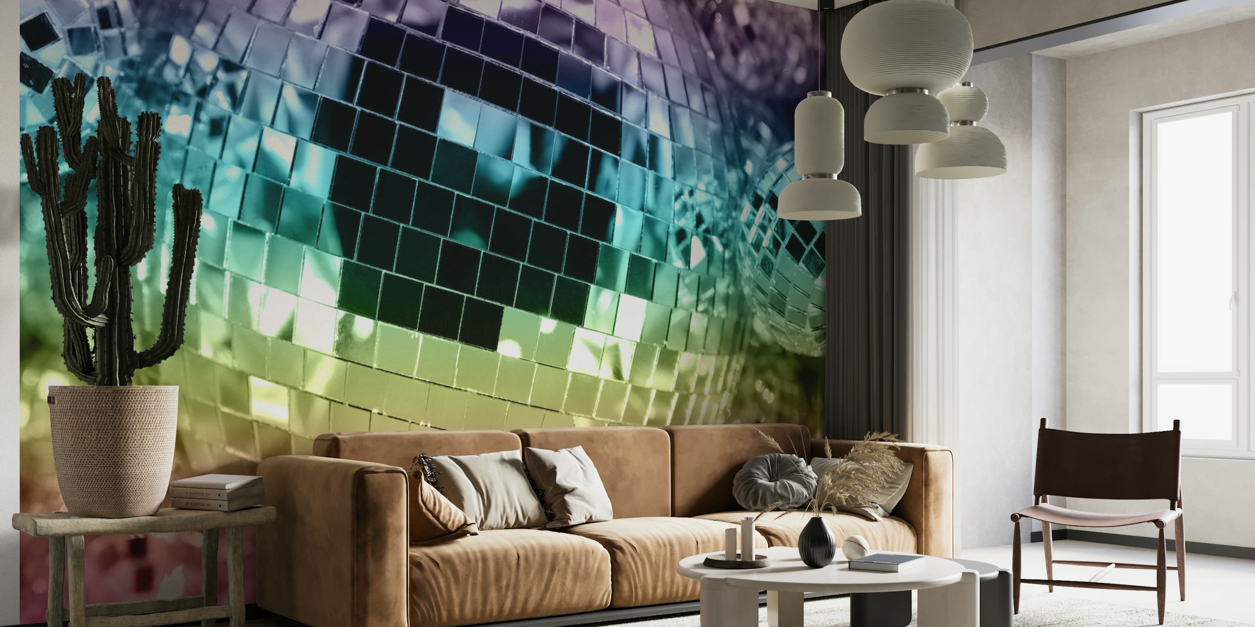 papel de parede Rainbow Retro Disco Ball em um quarto