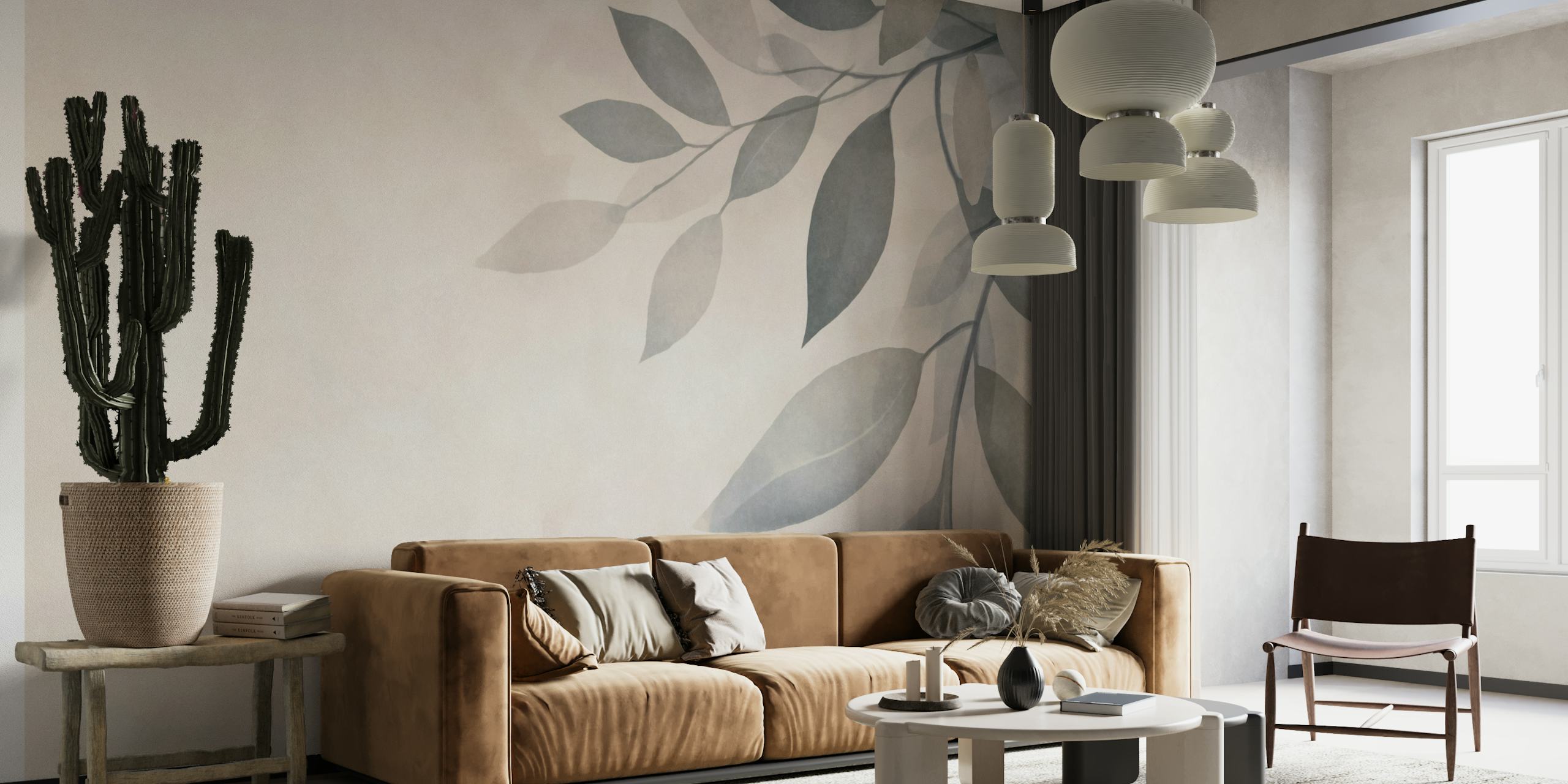 Sutil mural de pared en beige y gris con suaves motivos de hojas