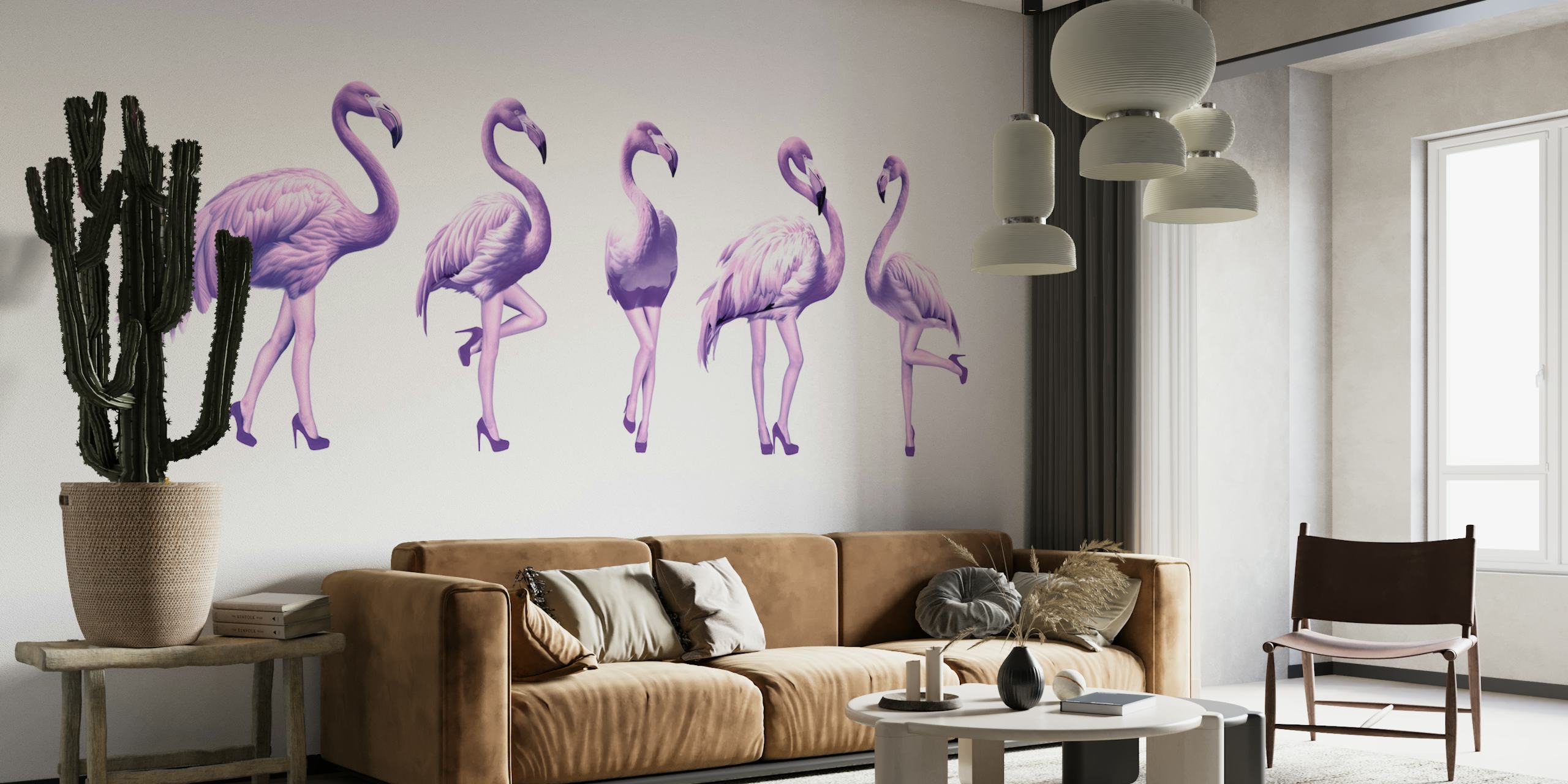 Five purple flamingos in dynamic poses on a white background wallpaper