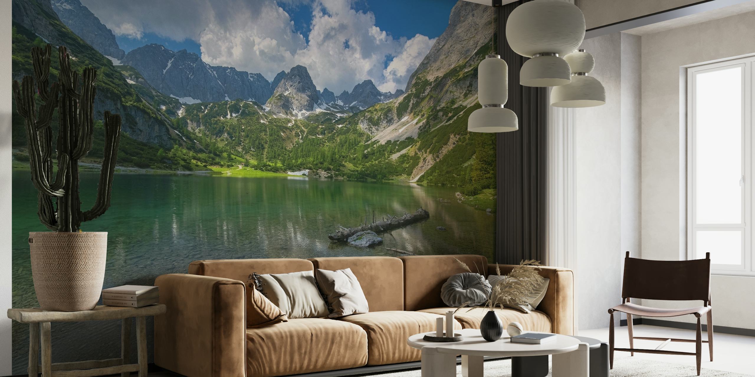 Mural de parede Seebensea no Tirol representando um lago alpino tranquilo com reflexos de montanha
