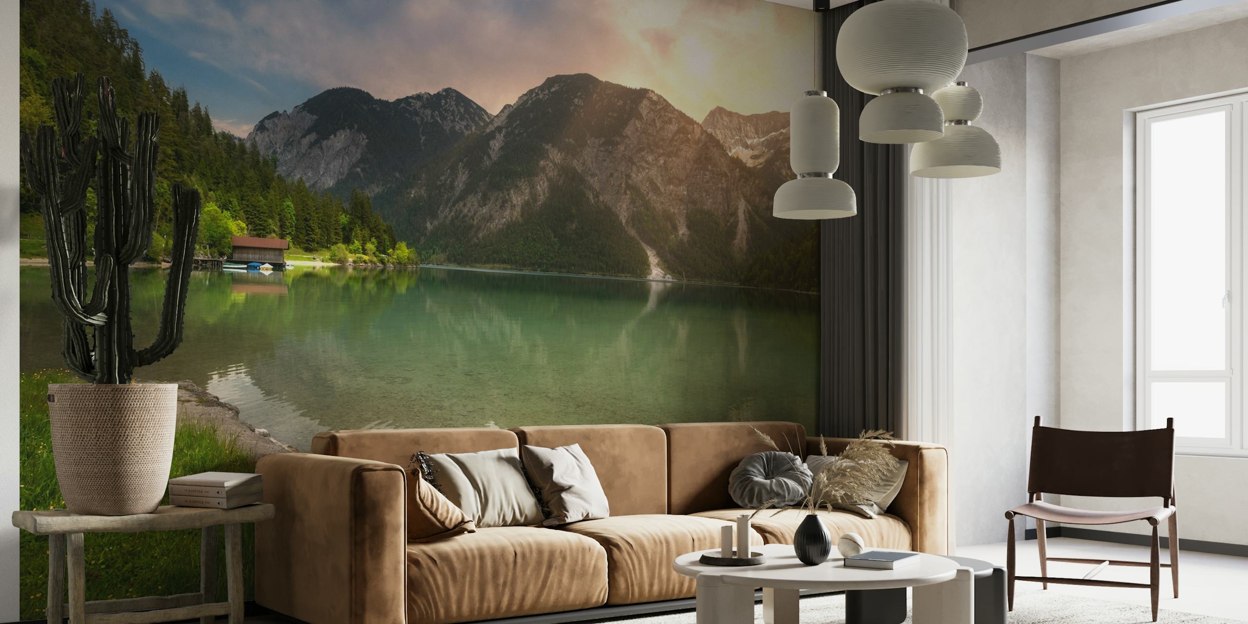Serene lake house wall mural with lush greenery and mountain reflections