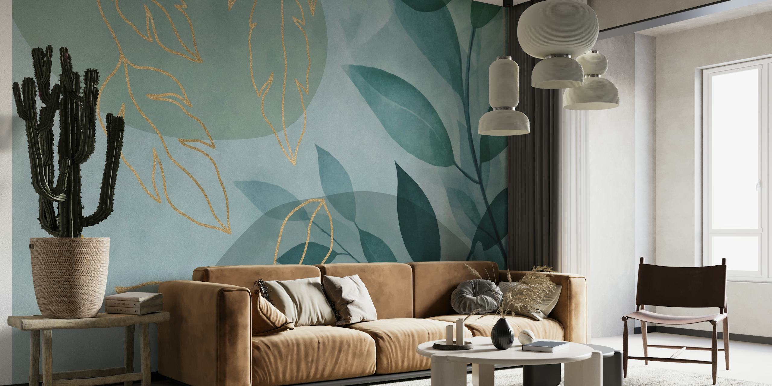 Leafy Elegance Modern Nature Art Teal wall mural with teal and soft blue foliage and gold accents