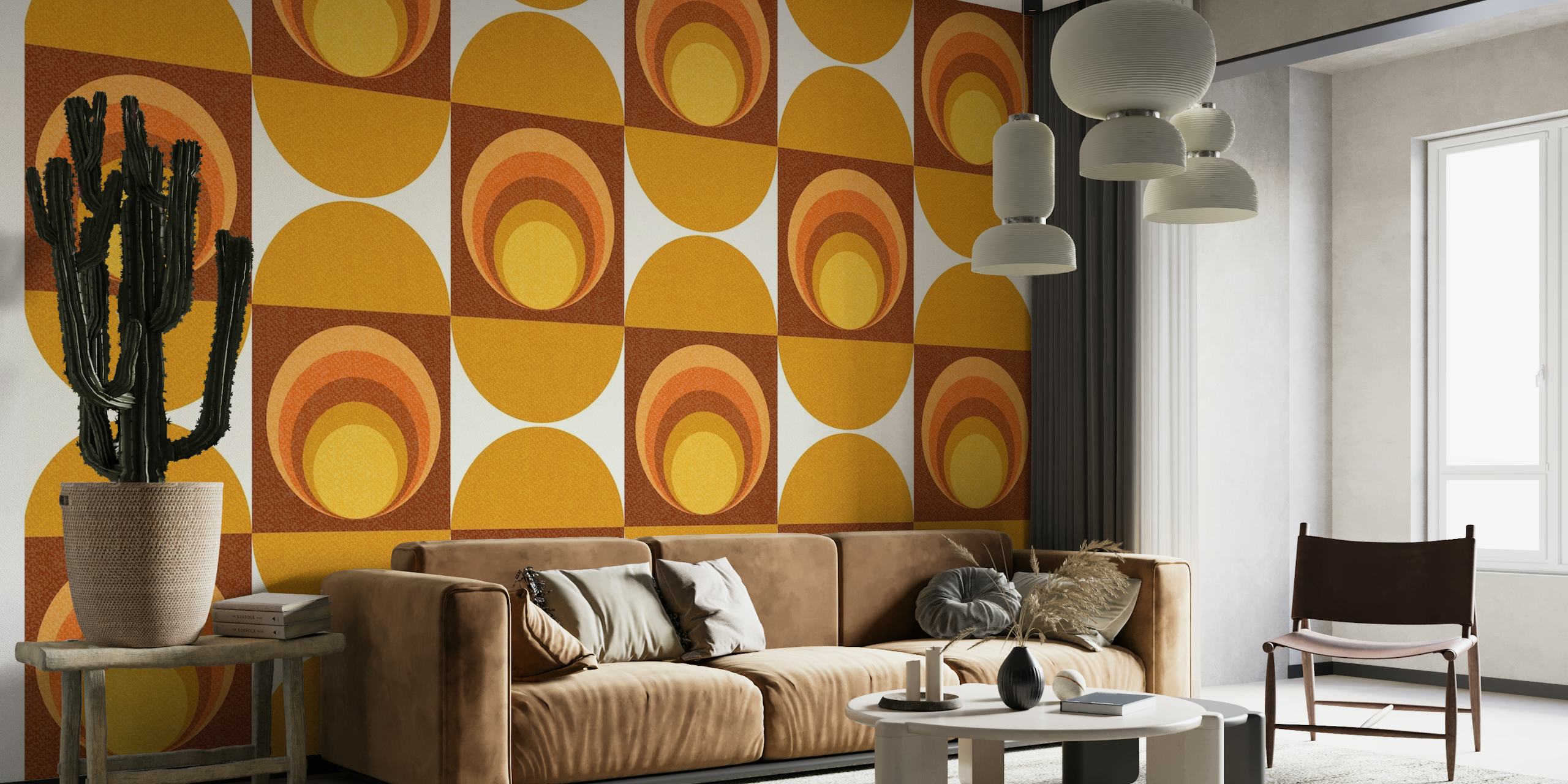 Retro-style Vintage Sun wall mural with circular sun motifs in amber and burnt sienna