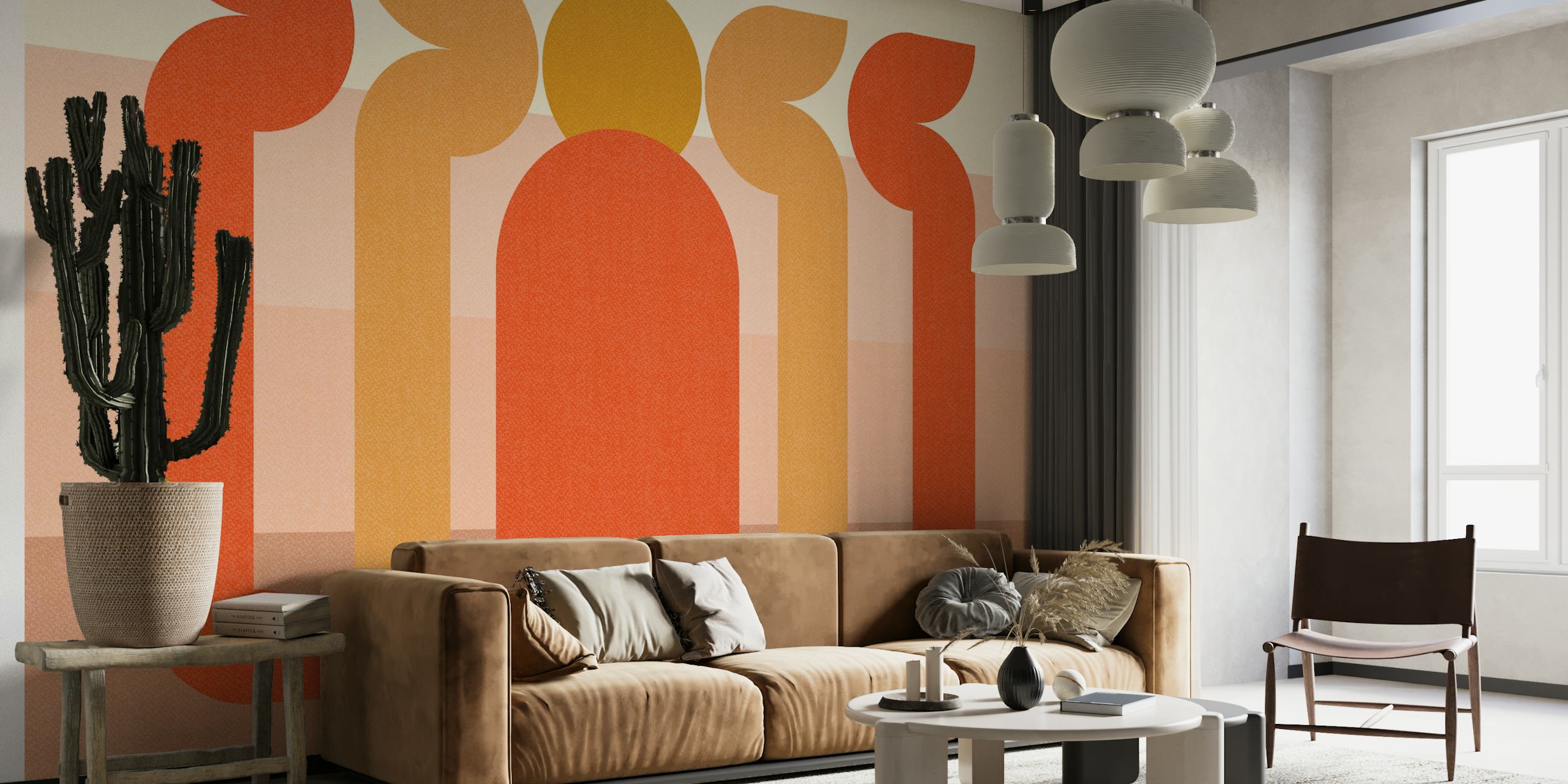 Retro sun design wallpaper in warm tones of orange and yellow