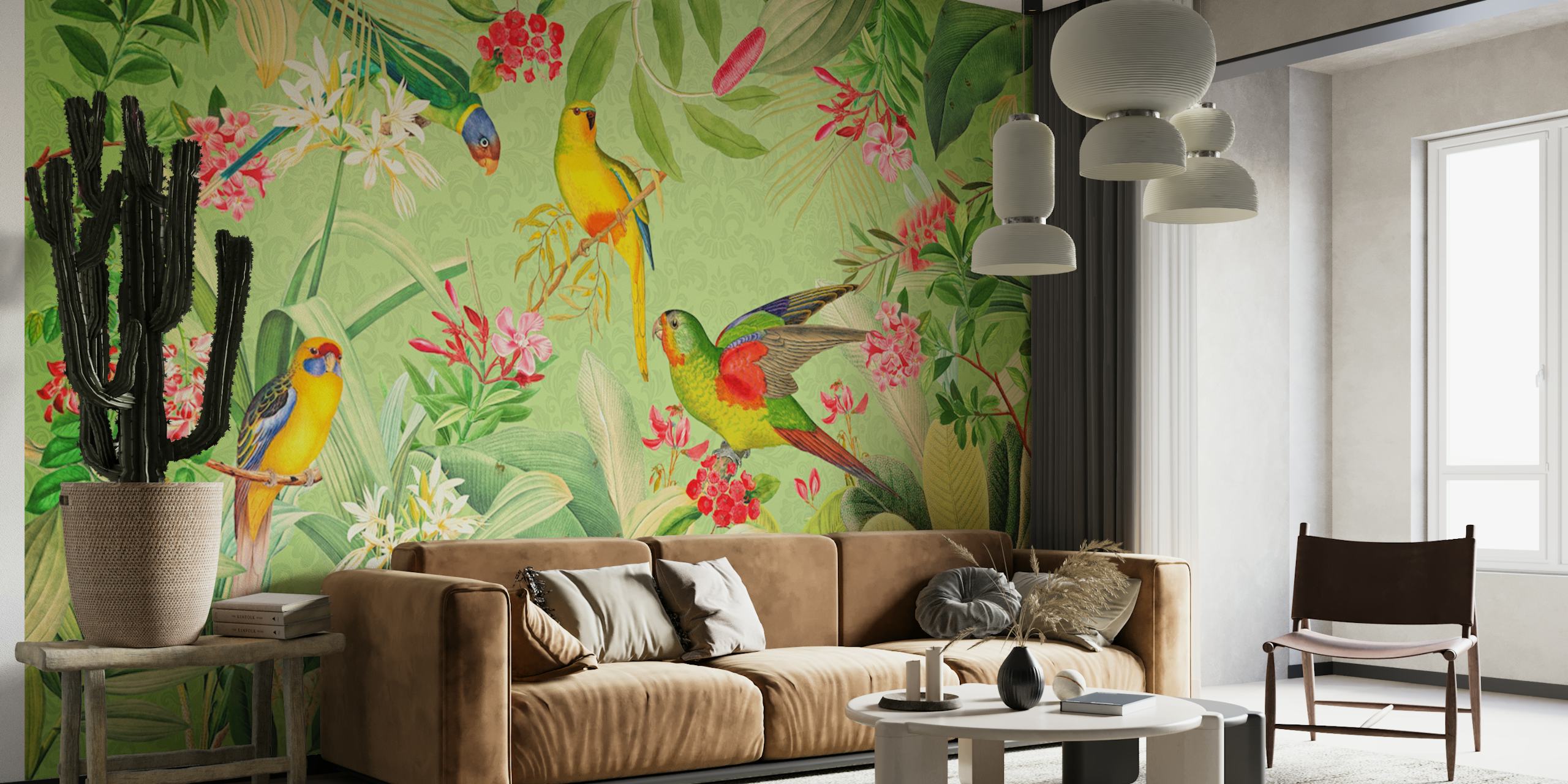 Tropical birds and floral patterns in green wallpaper