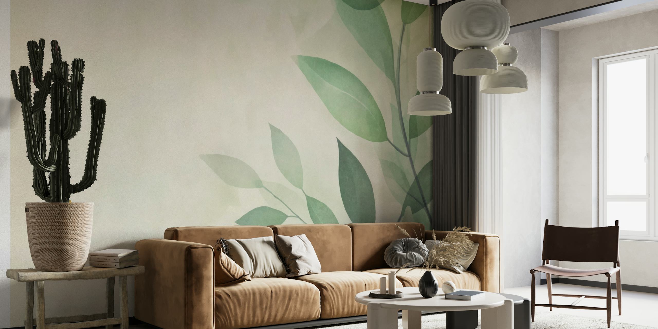 Fototapeta s měkkými zelenými listy na neutrálním pozadí pro klidnou estetiku interiéru