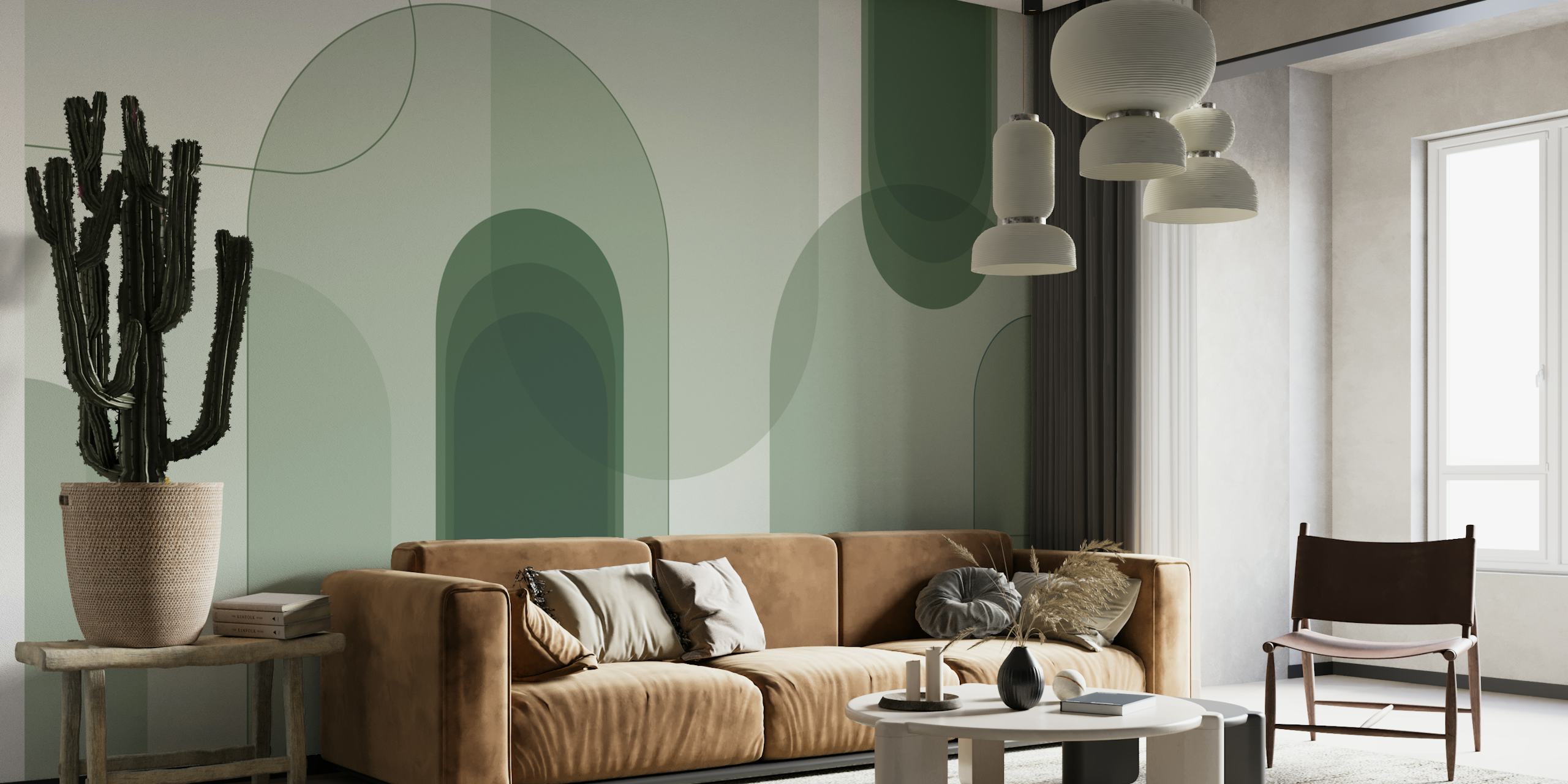 Green abstract arches wallpaper in a room