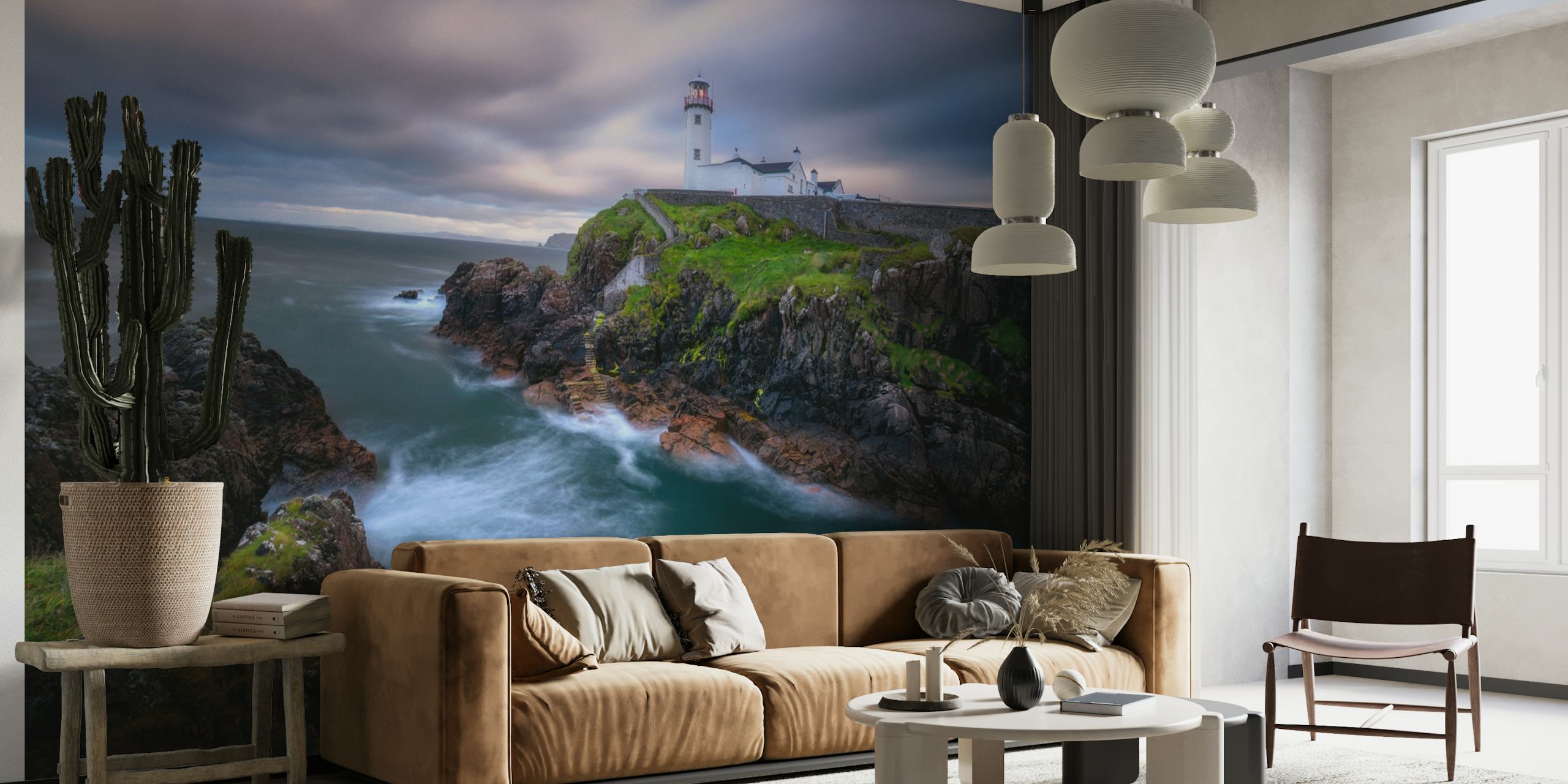 Fanad Head Lighthouse-vægmaleri med dramatisk himmel og udsigt over Atlanterhavet
