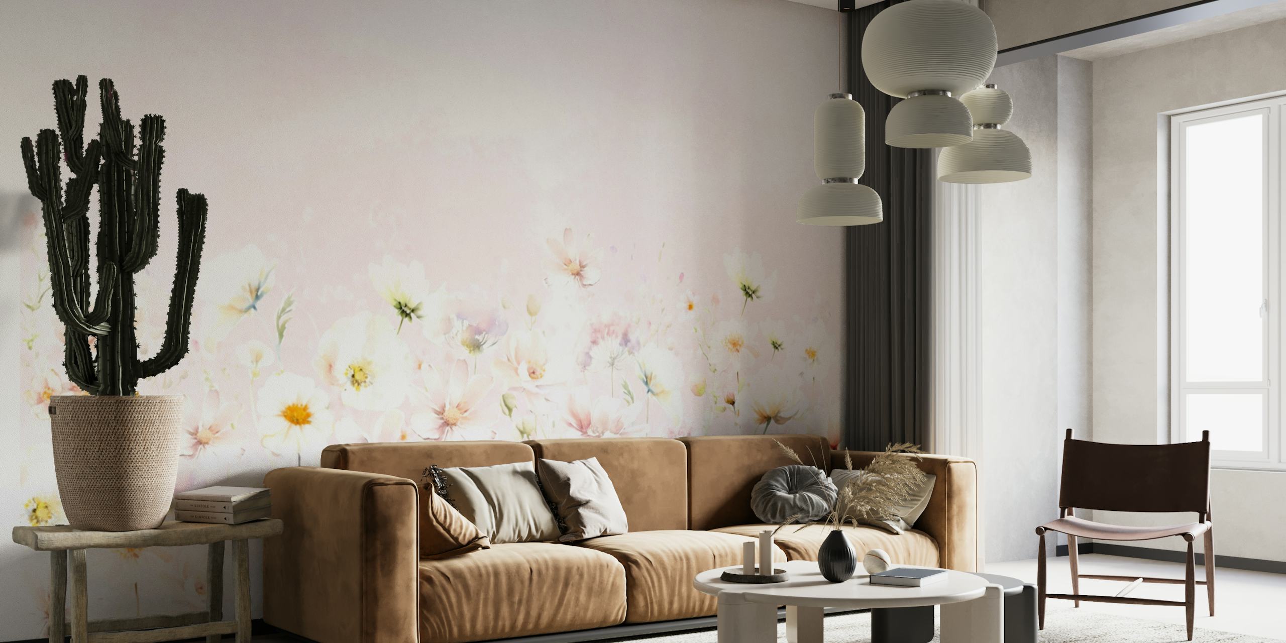 Errötendes Wandgemälde „Wildblumenwiese“ mit pastellrosa Farbtönen und sanften Blumenmustern