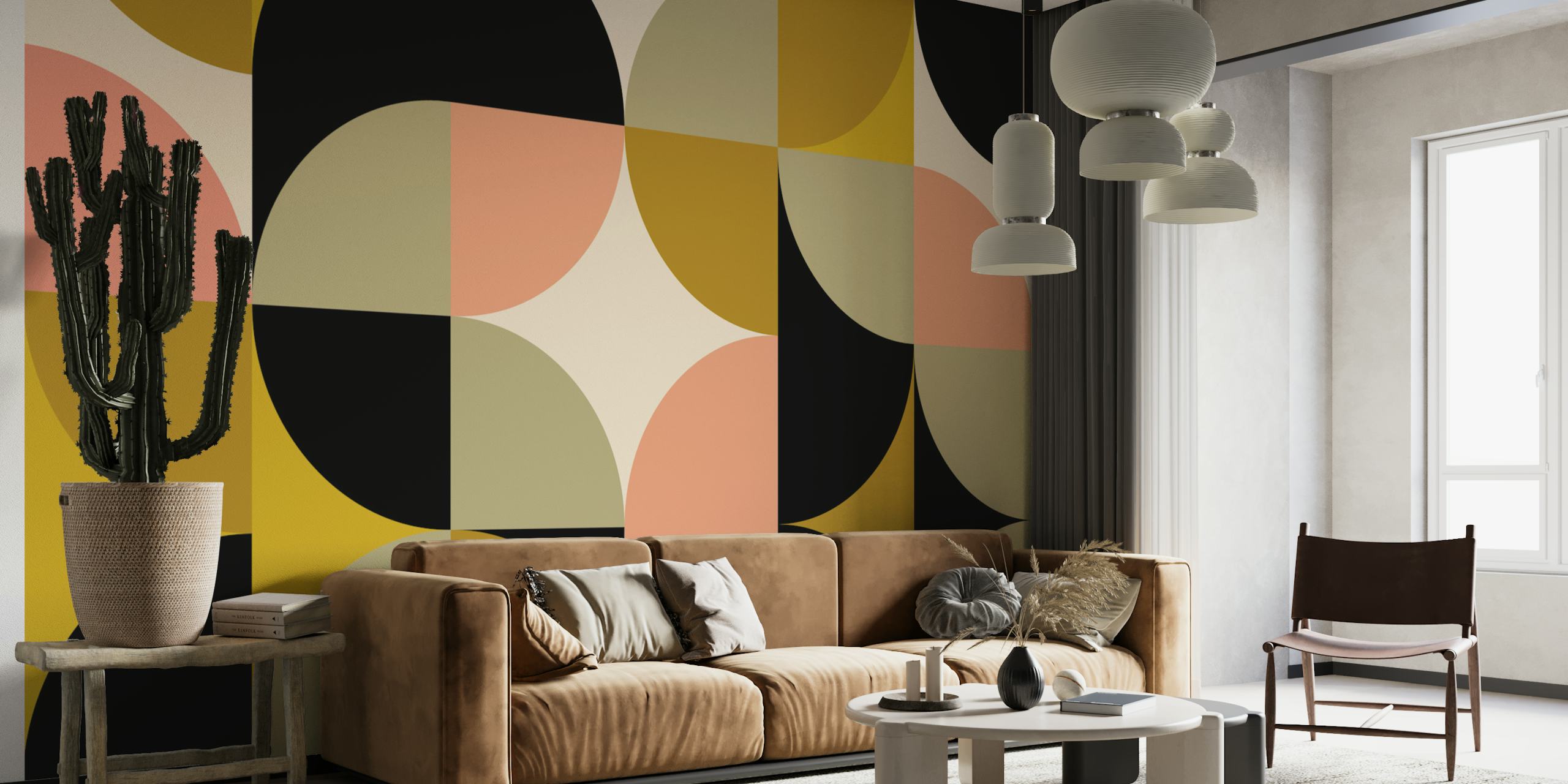 Abstract Bauhaus-inspired wall mural with geometric shapes in muted colors