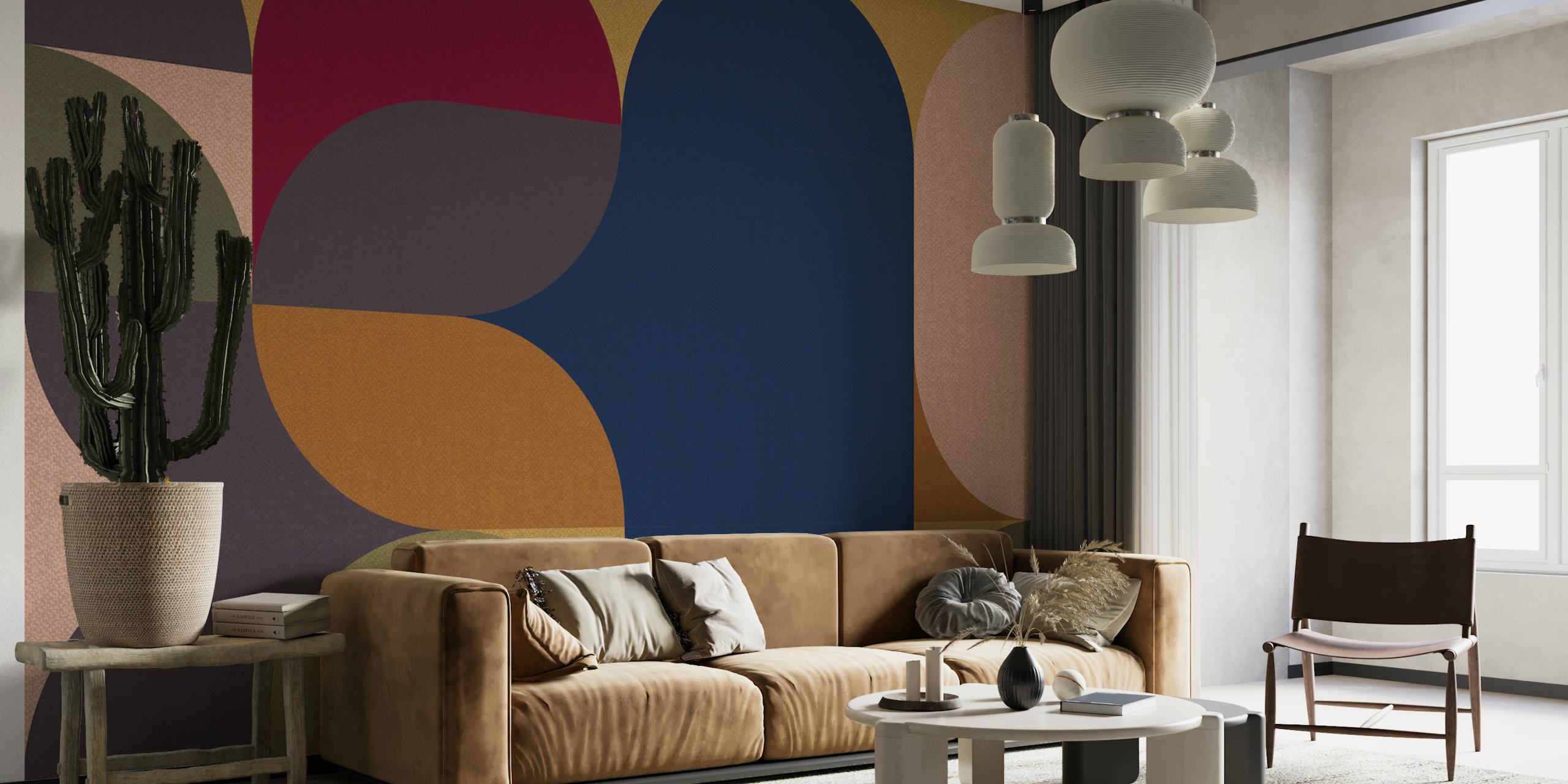 Abstrakcyjna lniana fototapeta z kolażem w stylu retro z ziemistymi tonami i organicznymi kształtami.