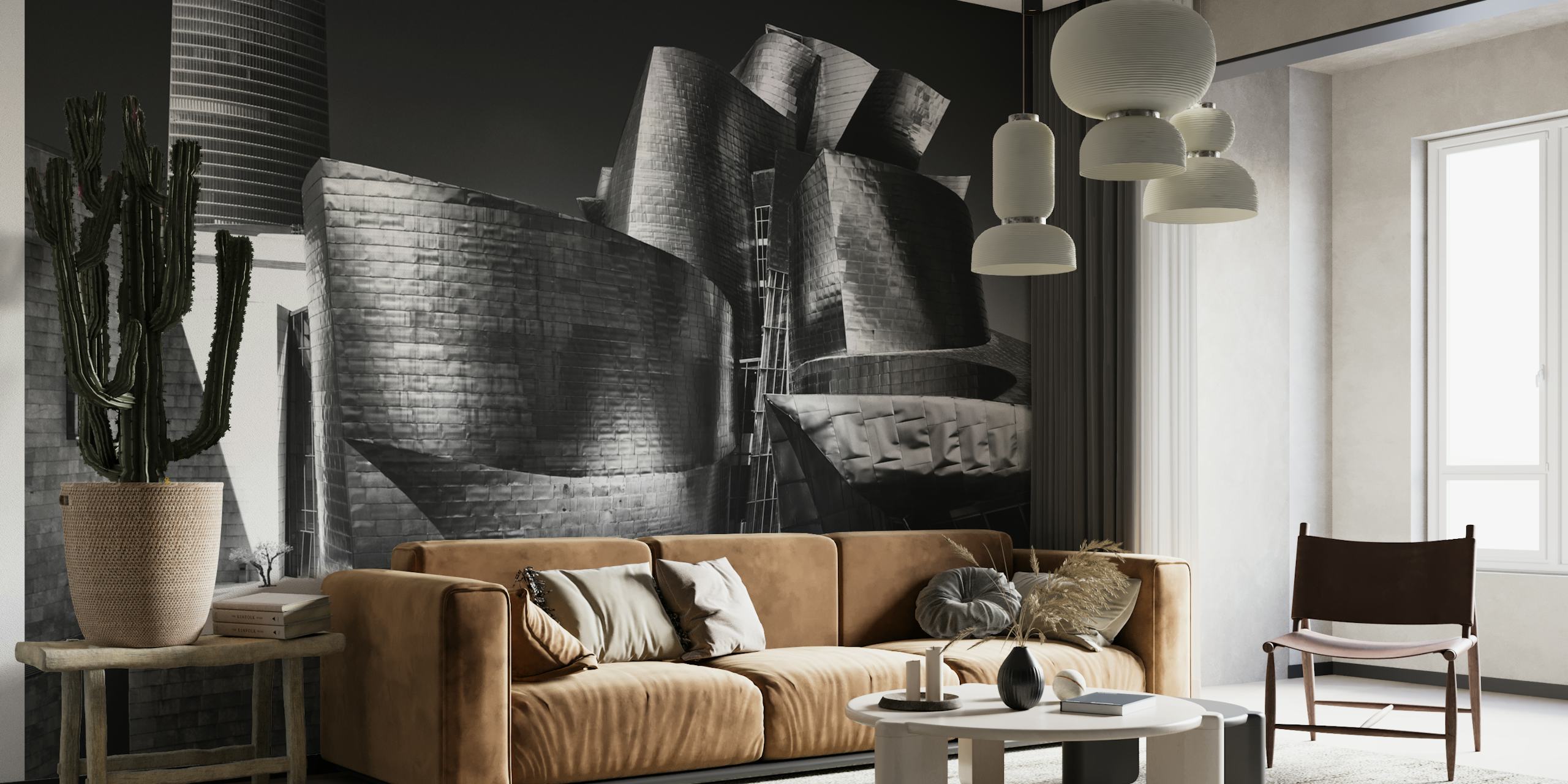 Abstract monochrome wall mural with a surreal landscape of a tree and geometric structures from happywall.com