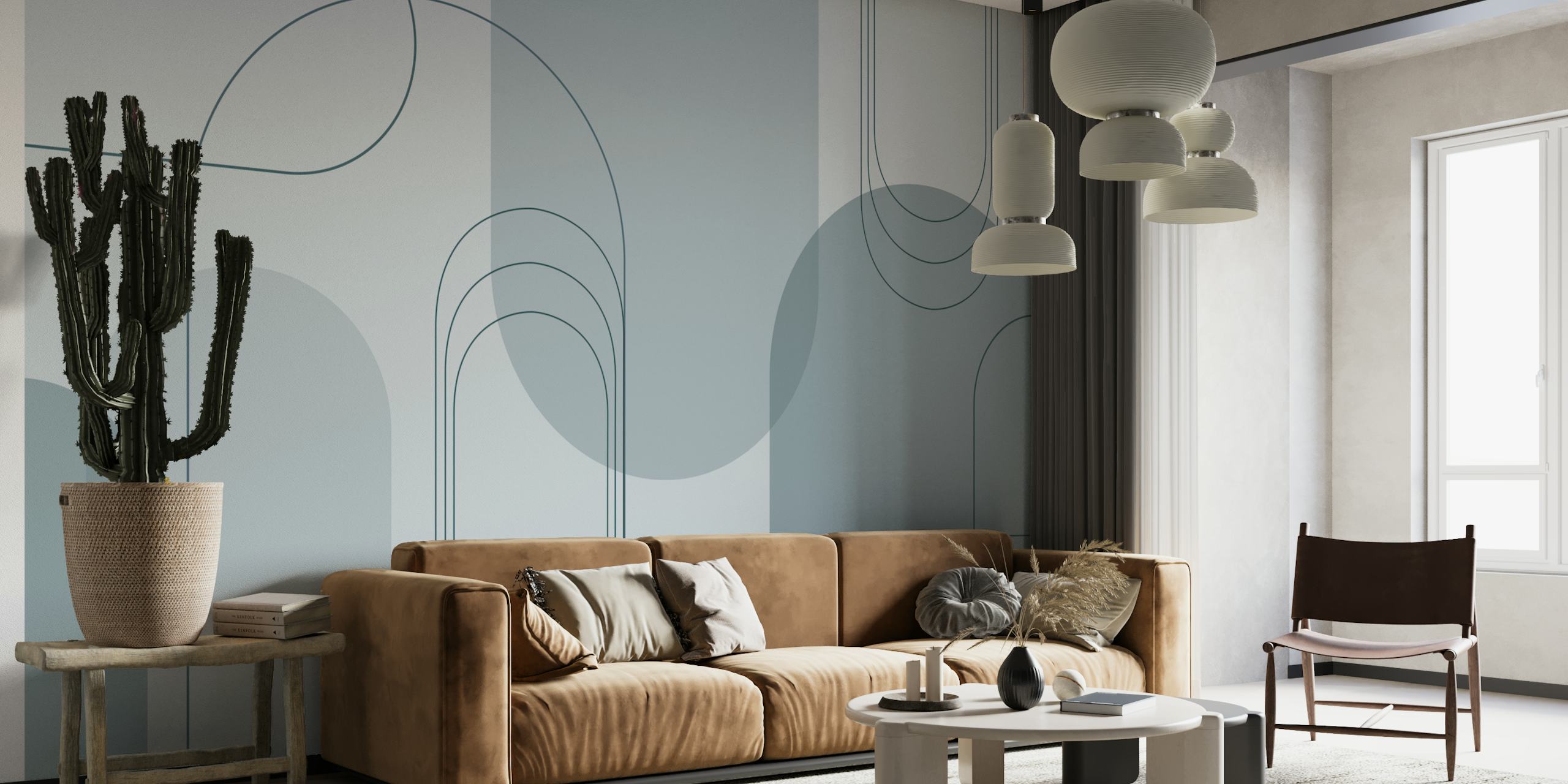 Fototapeta Minimalist Arches v modrých šedých tónech s překrývajícími se půlkruhovými vzory.
