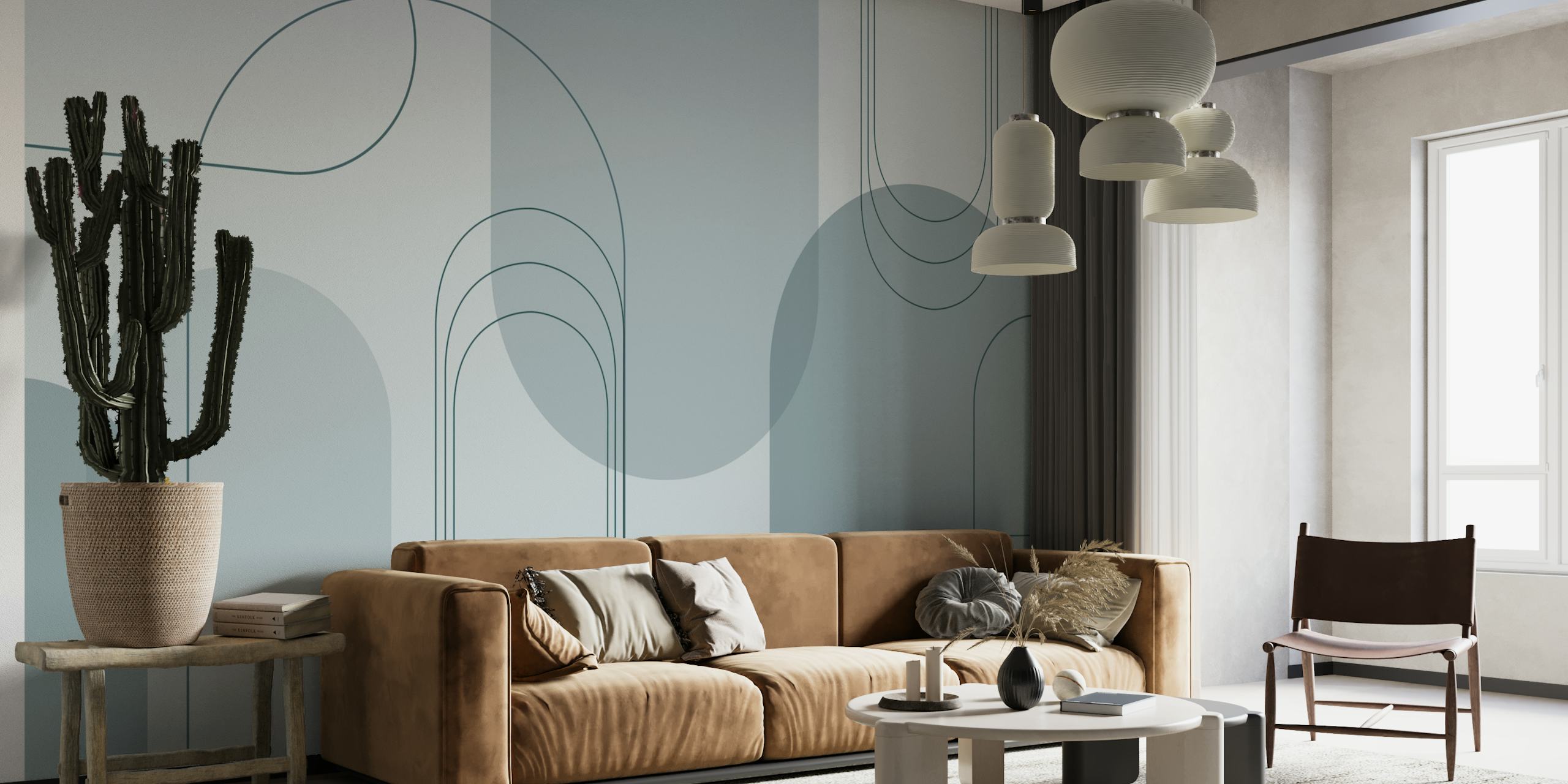 Minimalist Arches wall mural in blue grey tones with overlapping semi-circular patterns.
