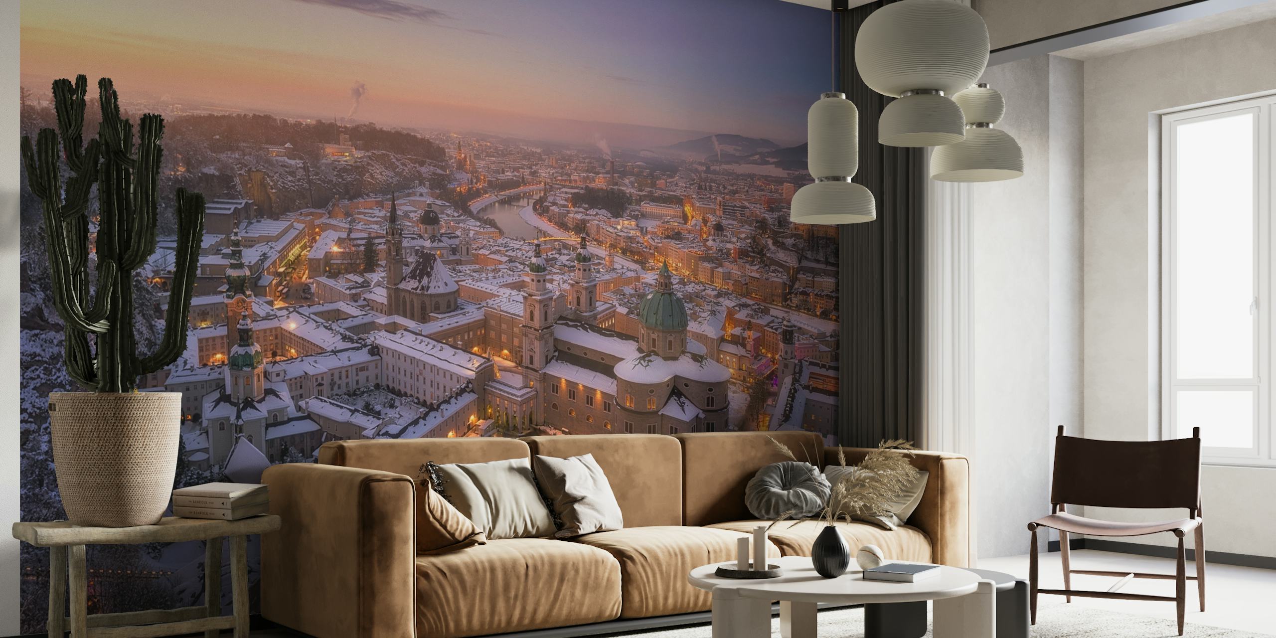 Snow-covered Salzburg cityscape wall mural at sunrise