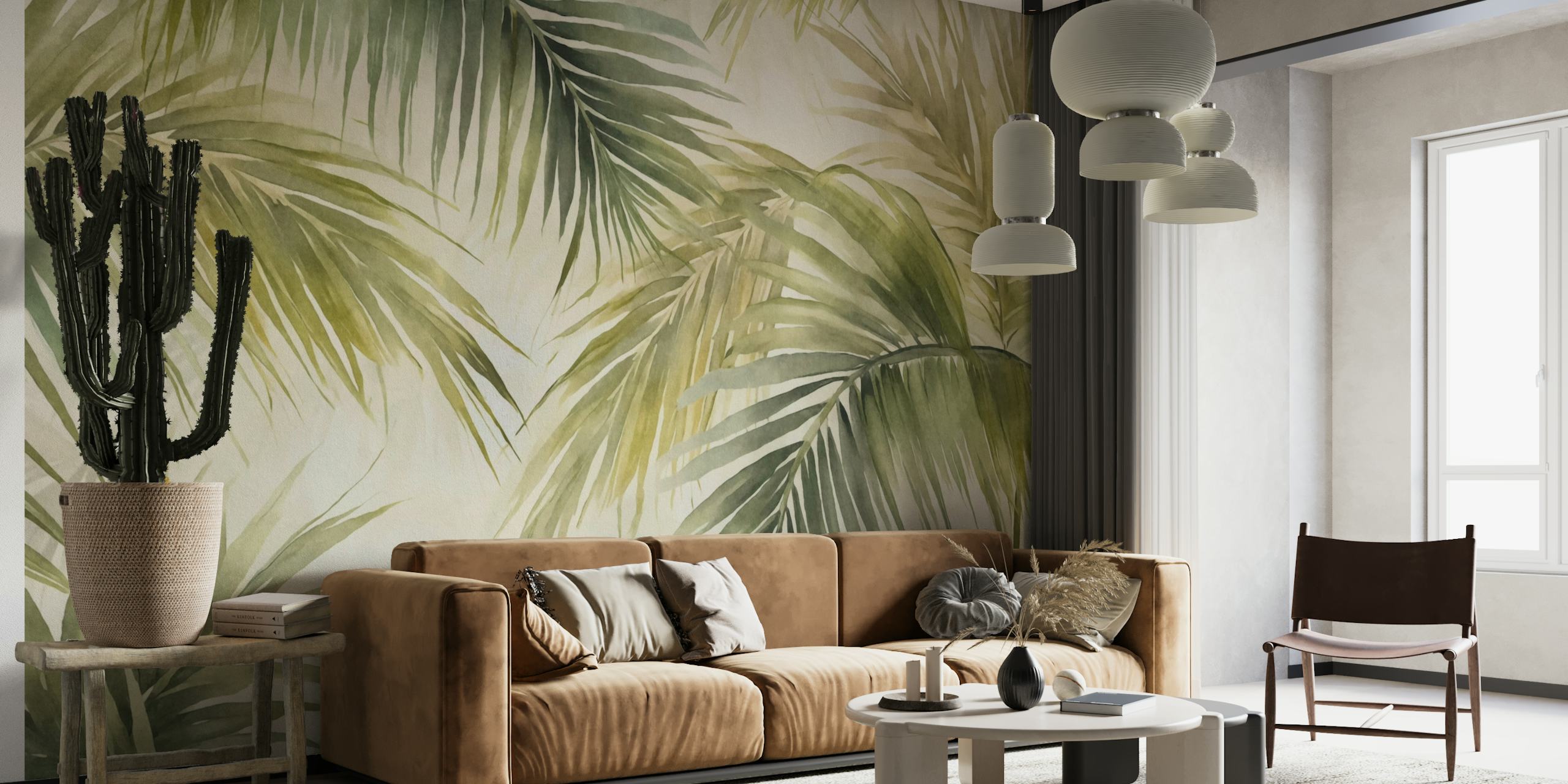 Tropical Island Palm Leaves Watercolor Green wall mural with lush greenery