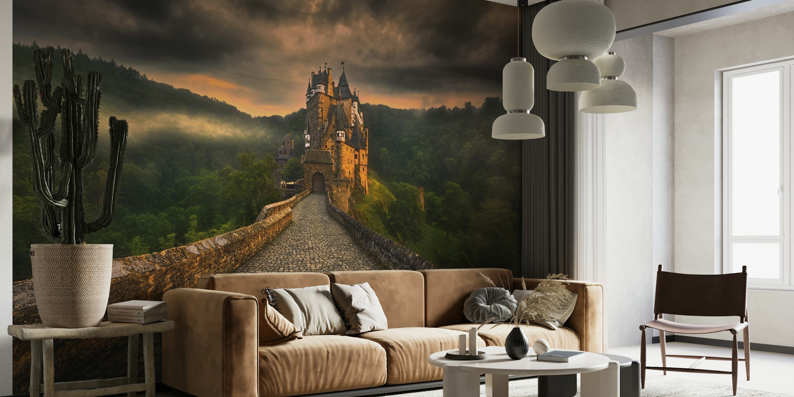 Castle landscape wallpaper with dramatic skies and lush greenery