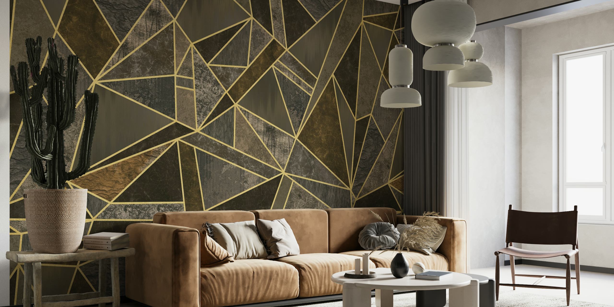 Ylellinen geometrinen mosaiikkikuvioinen seinämaalaus ruskealla ja kullalla