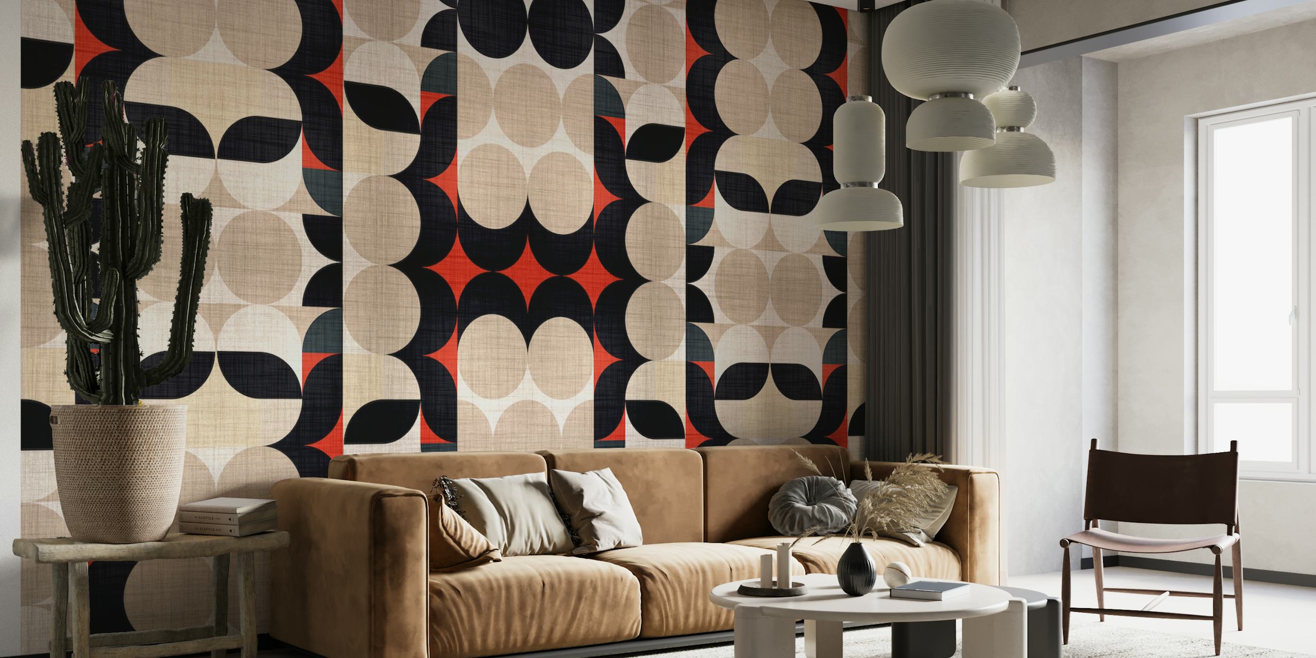 Bauhaus Fabric Pattern -seinämaalaus geometrisillä muodoilla ja rohkeilla väreillä