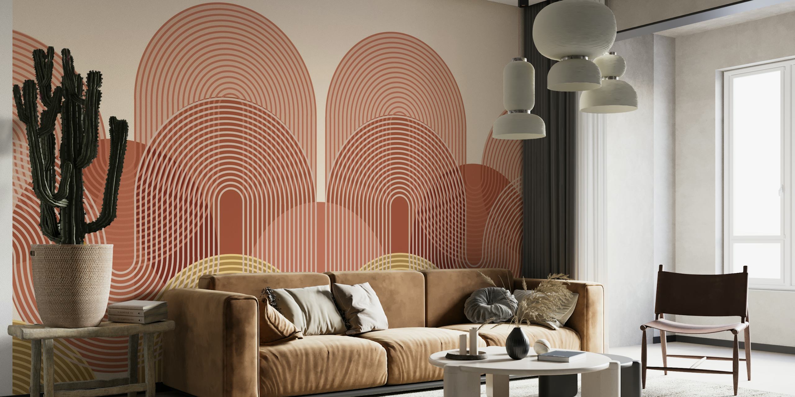 Warm-toned abstract arches and circle line art wall mural