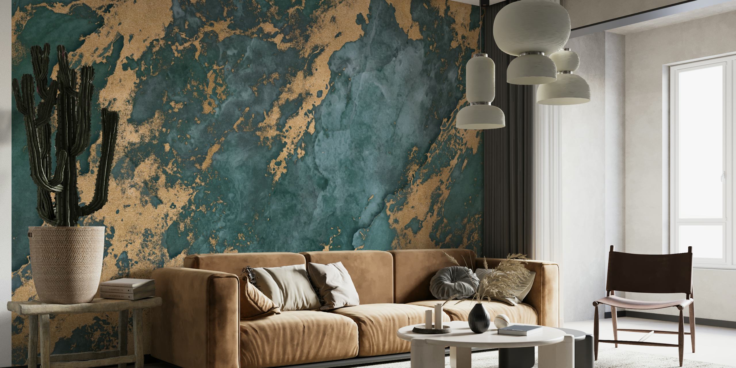 Teal and gold mineral marble texture wallpaper