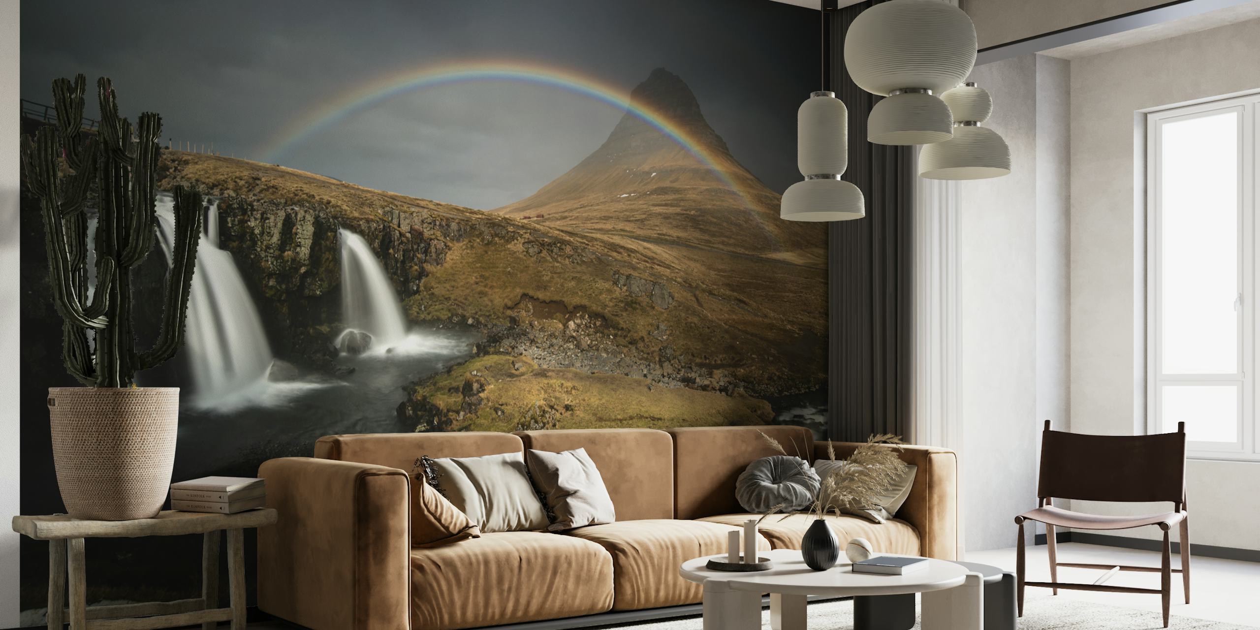 Kirkjufell mountain in Iceland with waterfall and rainbow wall mural