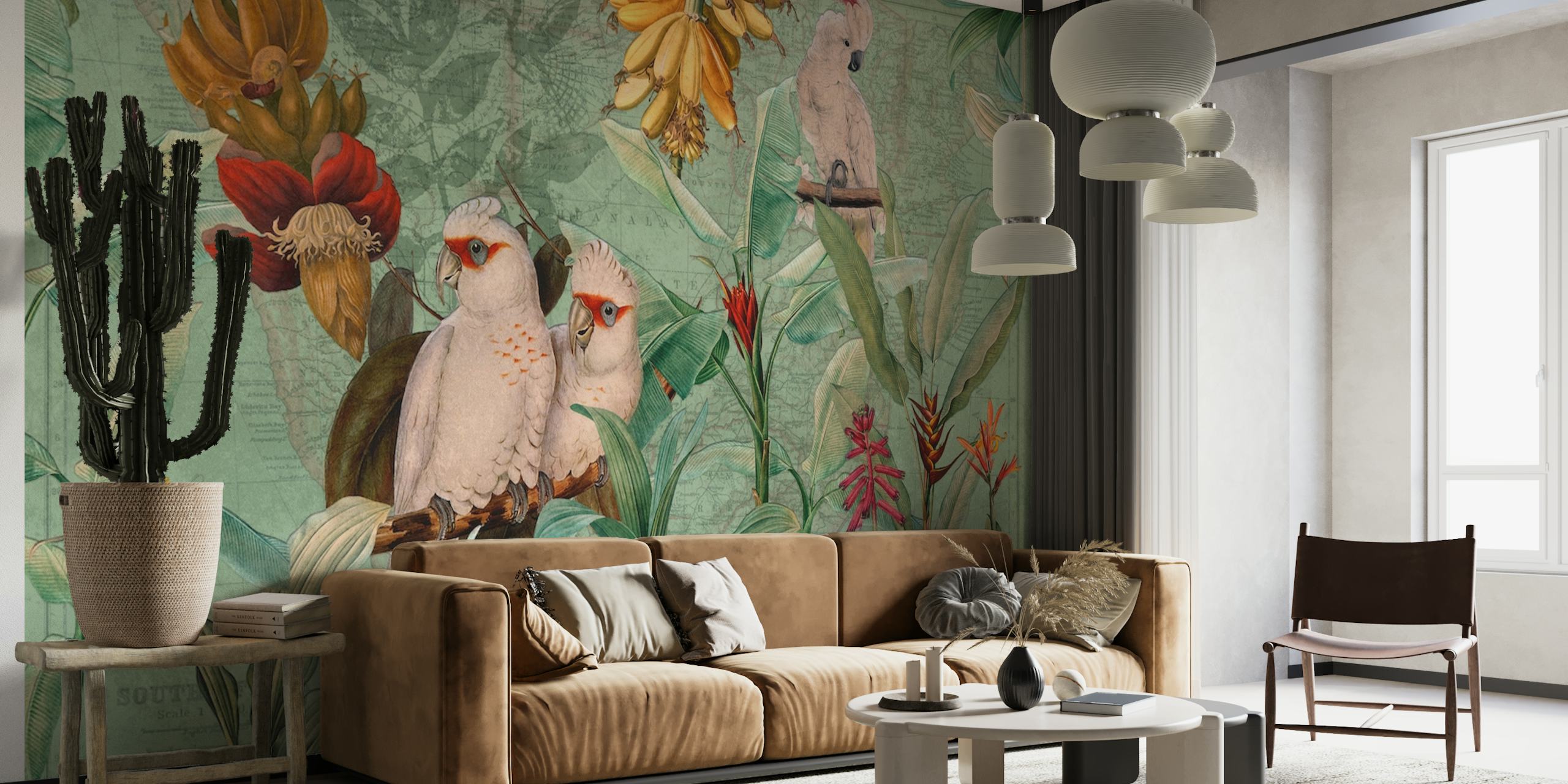 Green Exotic Vintage Bird Jungle tapettisuunnittelu