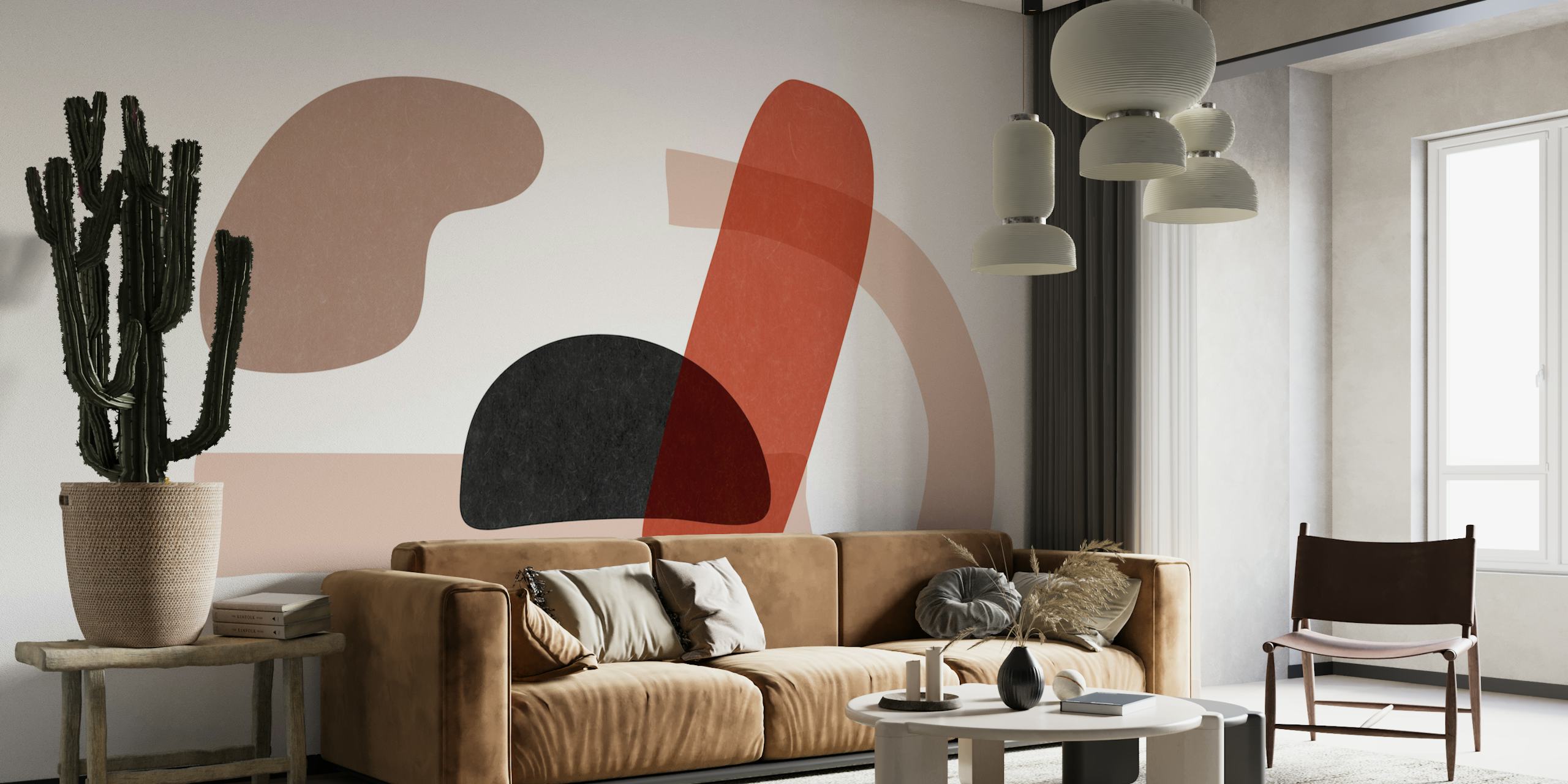 Abstracte, Japans geïnspireerde vormen in gedempte aardetinten muurschildering