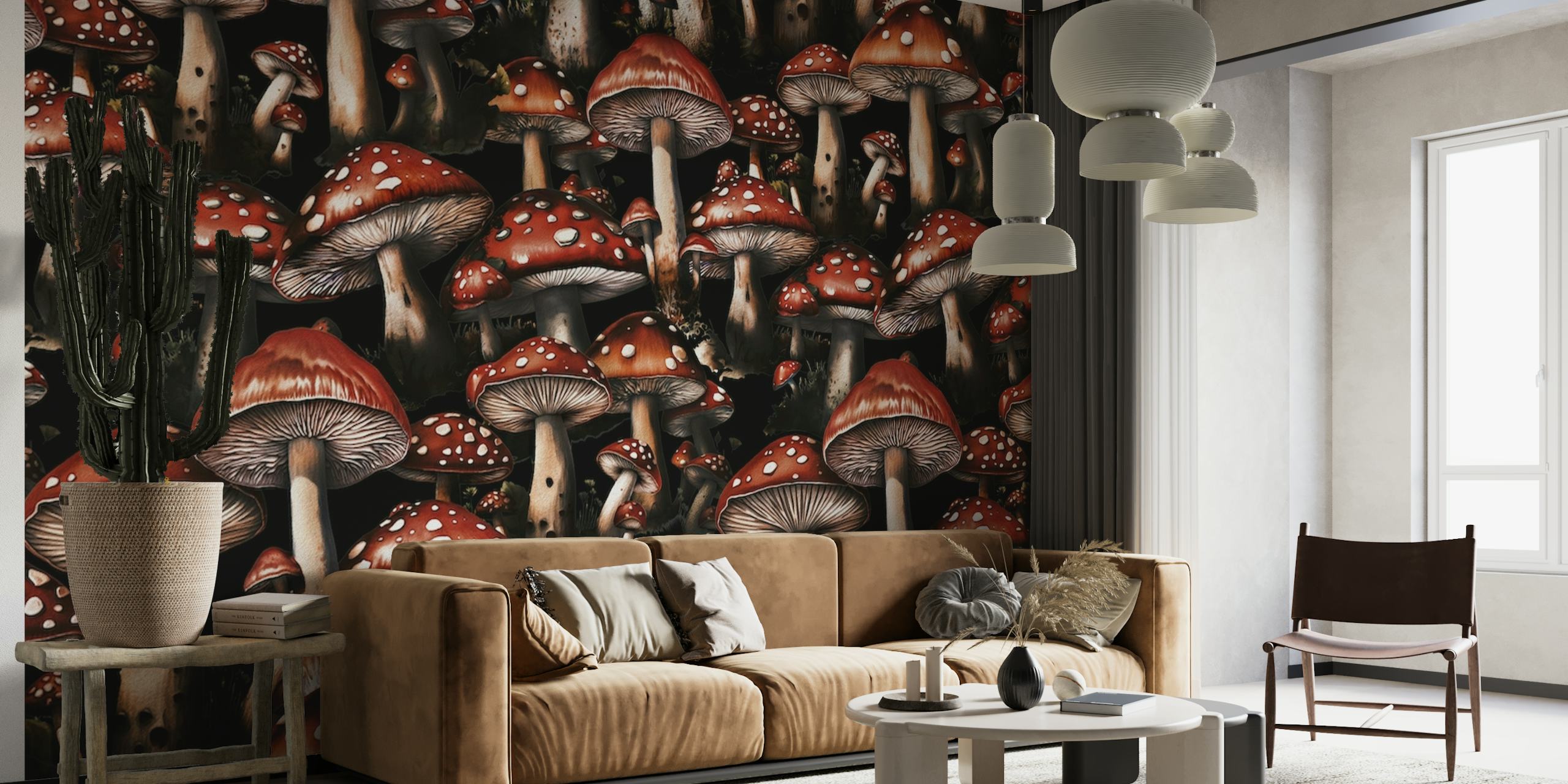 Fantasiepaddestoelenmuurschildering met paddenstoelen met rode dop op een donkere achtergrond voor woondecoratie.