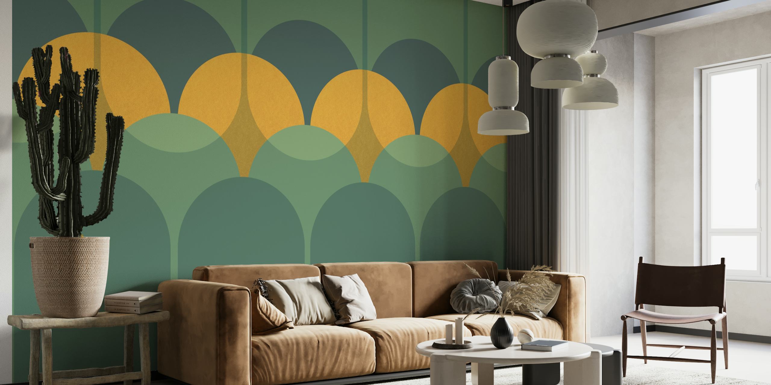 Art Deco inspired wall mural featuring geometric arches in green and mustard tones