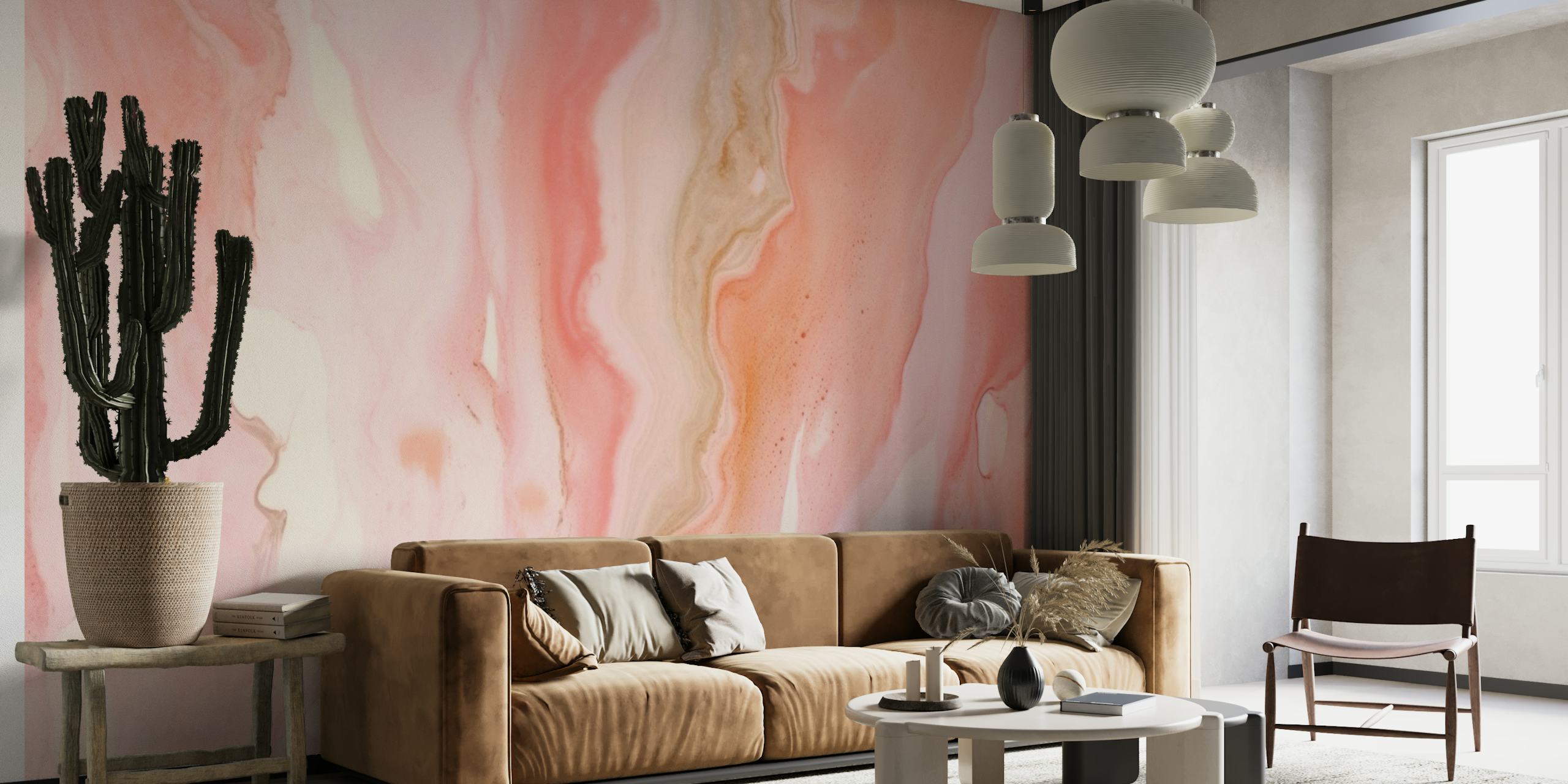 Ylellinen Marble Blush Pink seinämaalaus, jossa on tyylikkäitä pyörteitä sekä vaaleanpunaisen ja valkoisen sävyjä