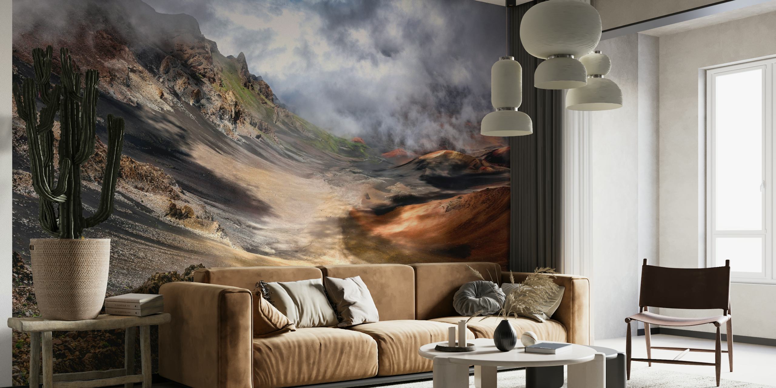 Wall mural of a dramatic crater landscape with cloudy skies