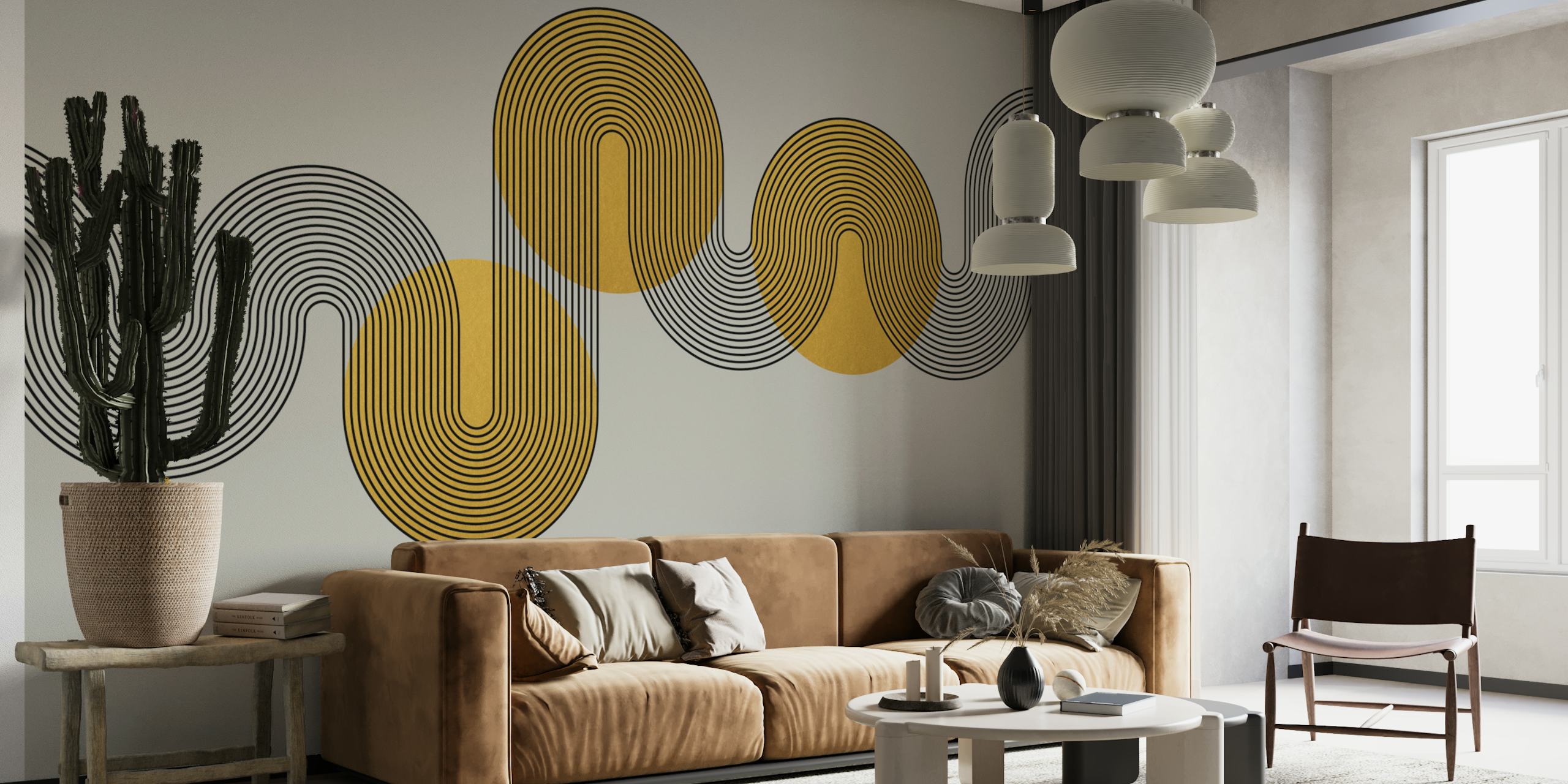 Fotomural estilo Art Déco abstracto con formas geométricas en tonos dorados y grises