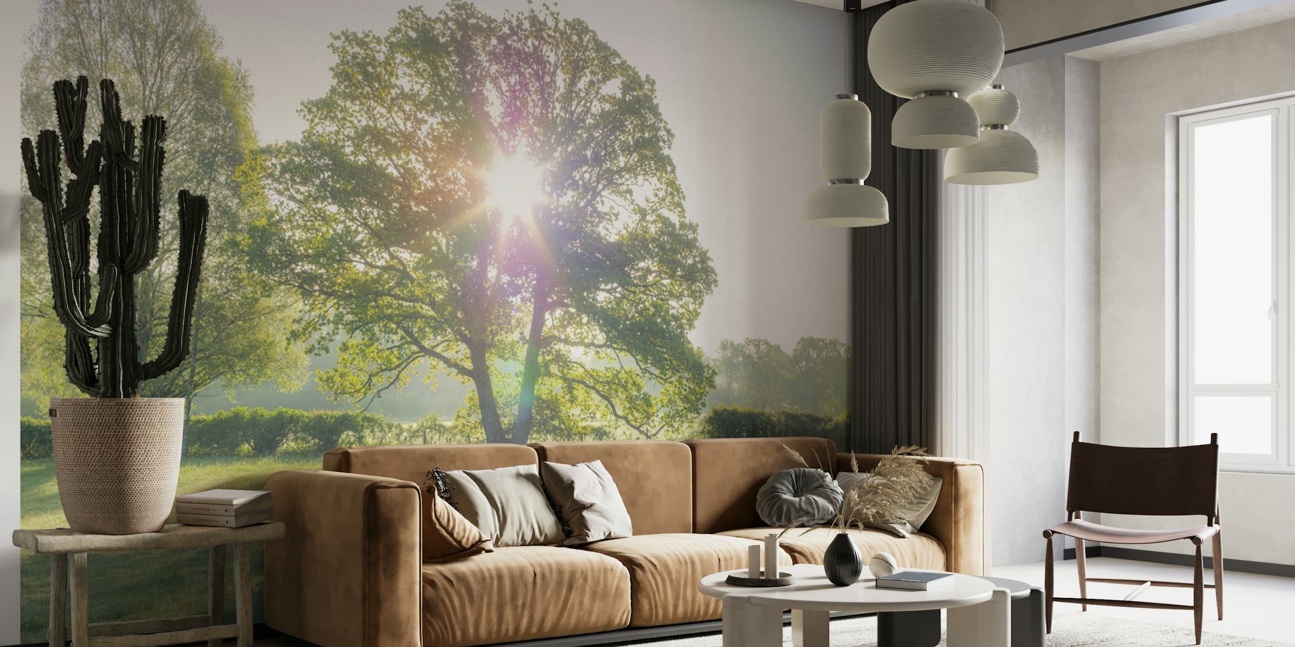 Sunlight streaming through tree leaves in a wall mural