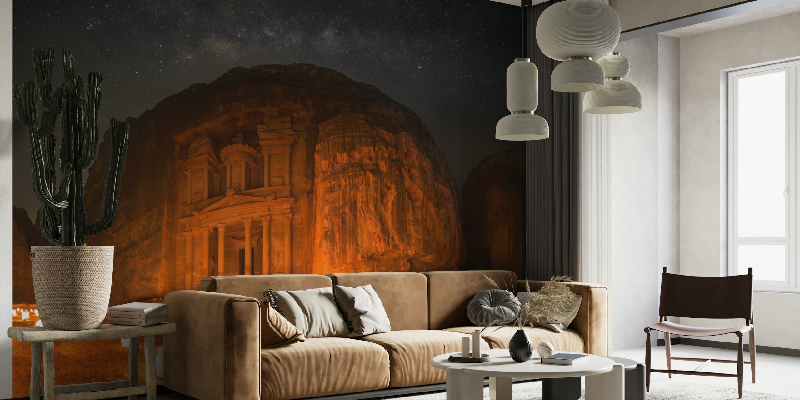 Petra by Night muurschildering met Al Khazneh bij kaarslicht onder een sterrenhemel