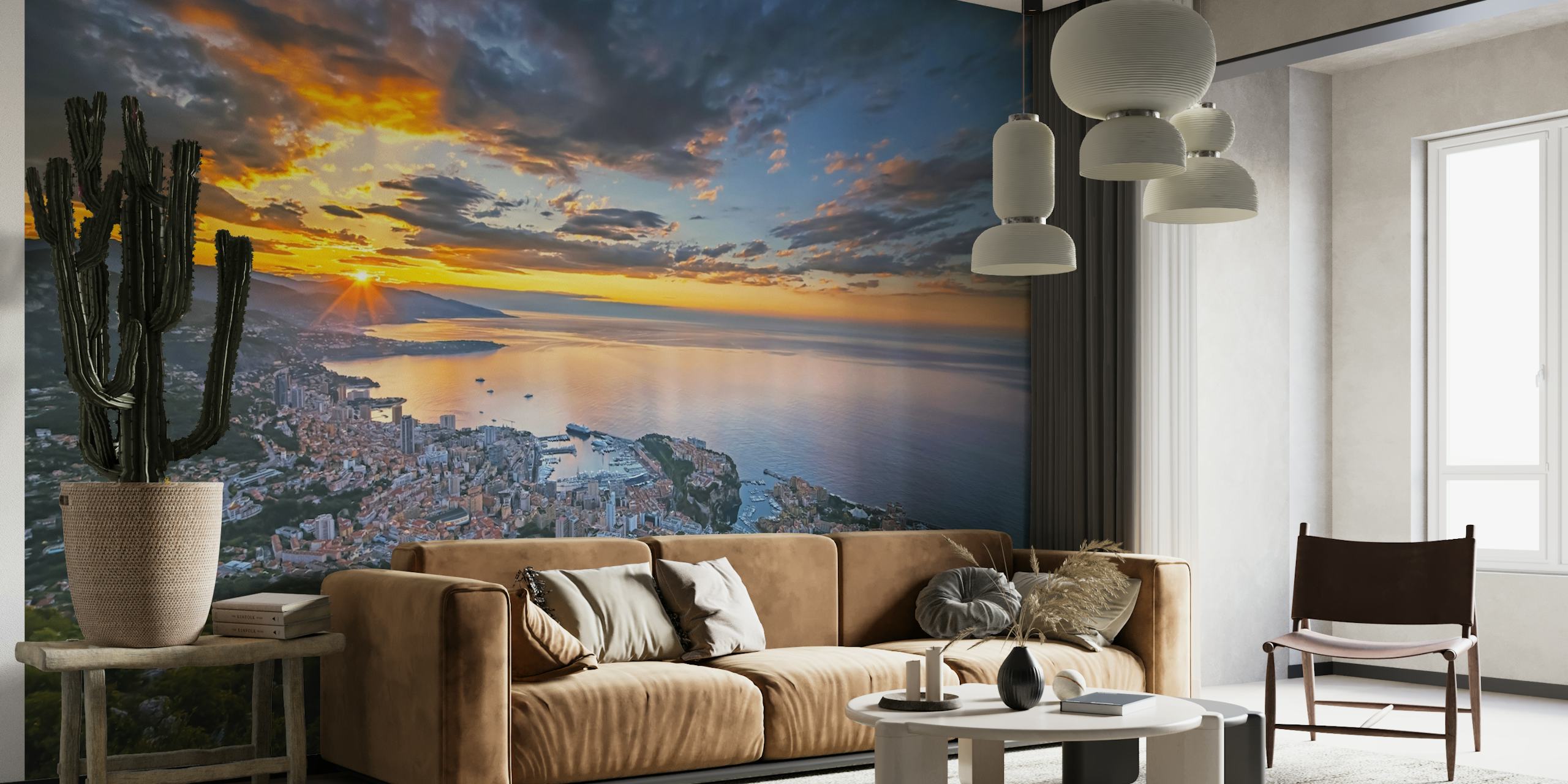 Auringonnousu Monacon kaupunkikuvan seinämaalauksella merinäköalalla