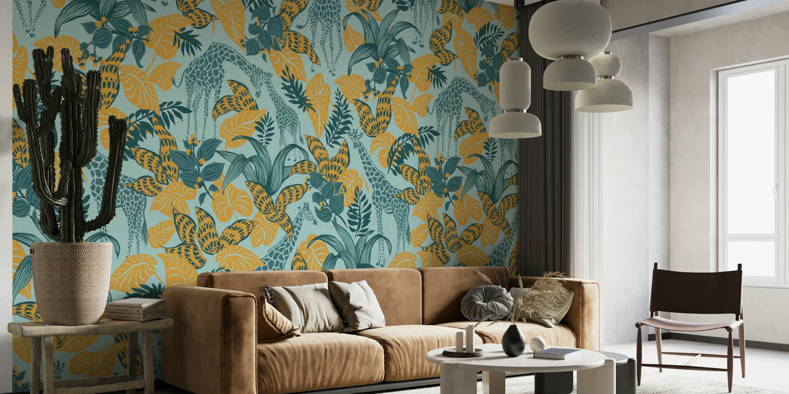 Tropical giraffe wallpaper featuring colorful plants and giraffes in shades of blue and yellow