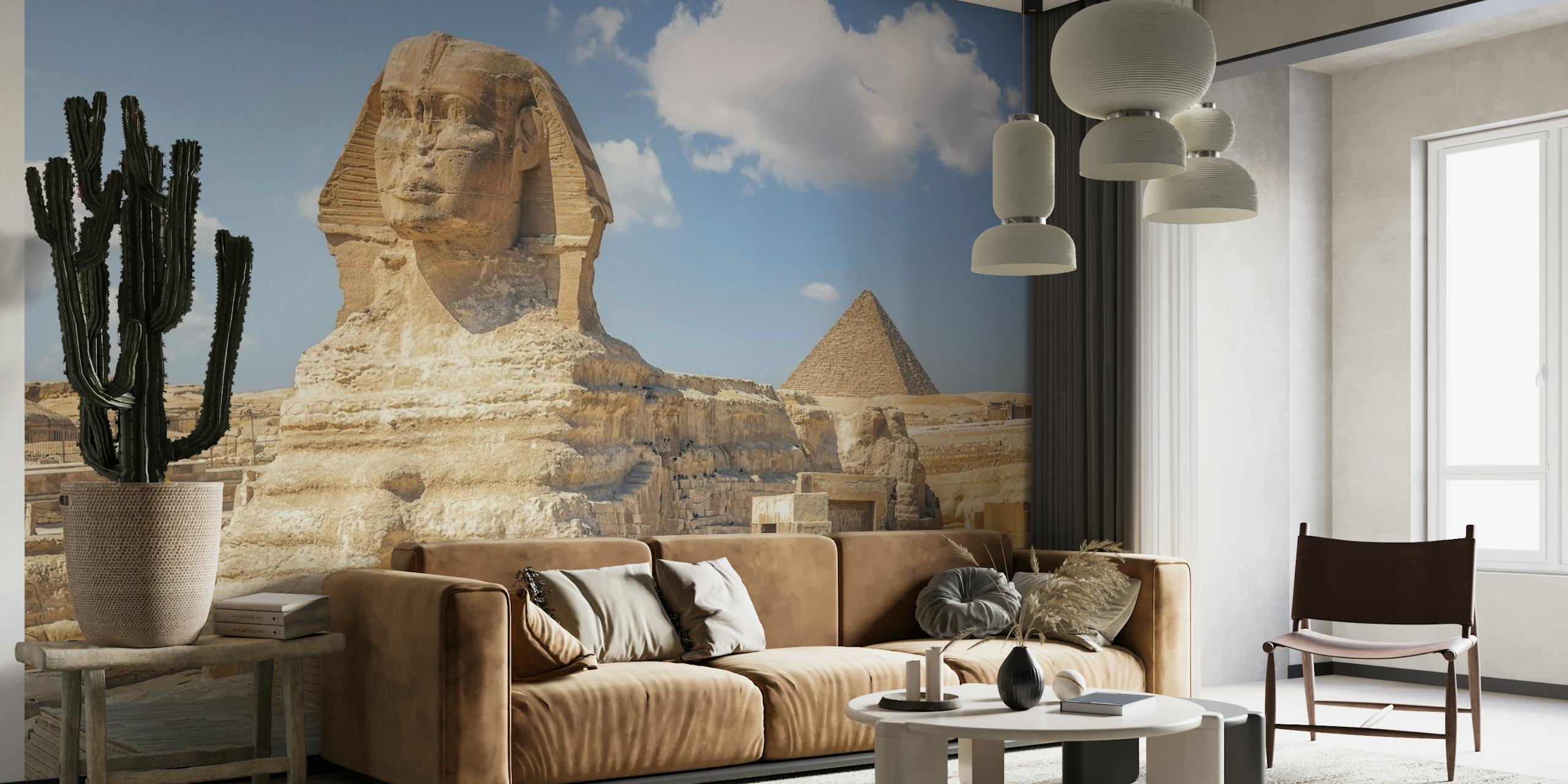 De muurschildering van de Sfinx en de Piramide op het Gizeh-plateau