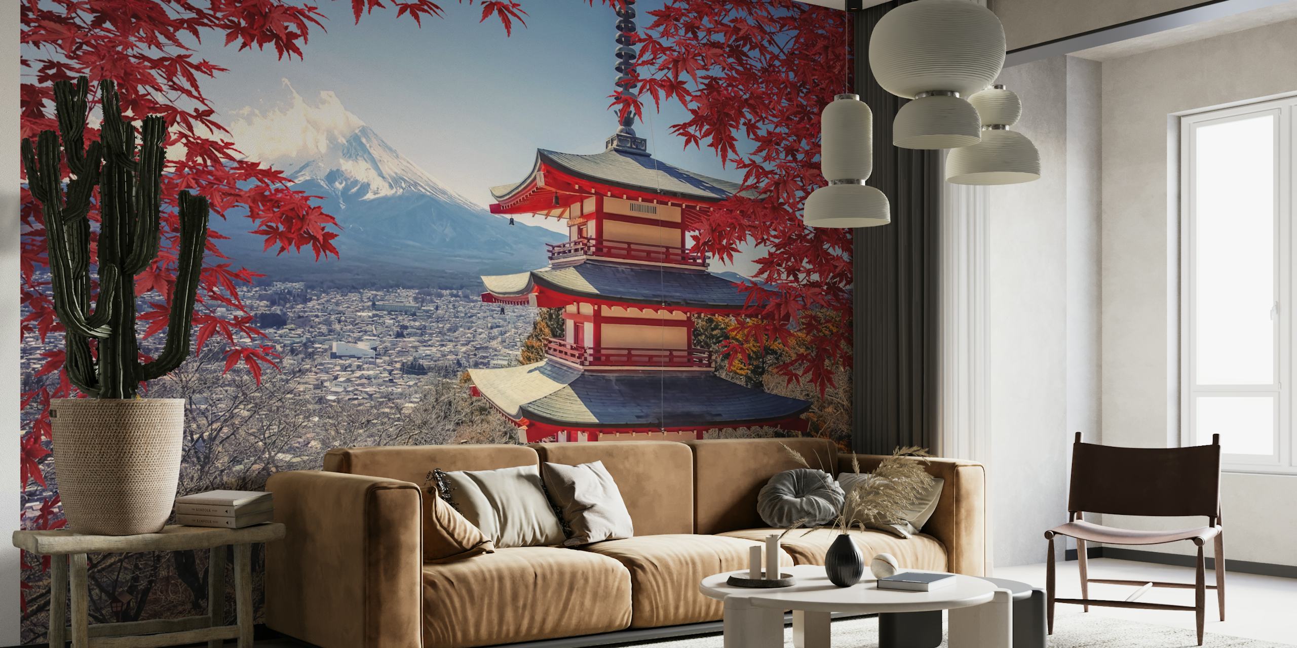 Japanese landscape featuring red maple leaves and Mt. Fuji wallpaper