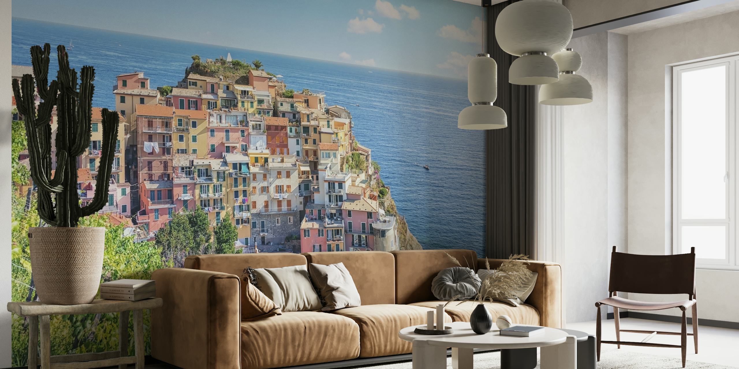 Mural de Manarola Cinque Terre con casas en colores pastel y el mar Mediterráneo