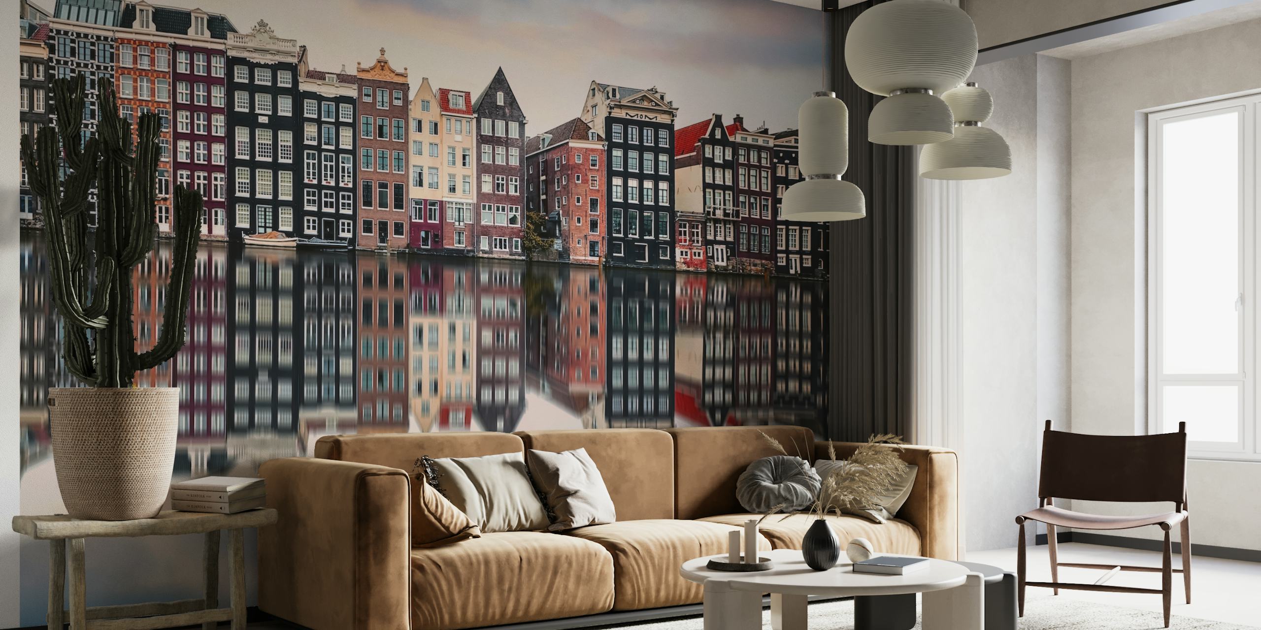 Colorful Amsterdam canal houses reflecting in water wallpaper