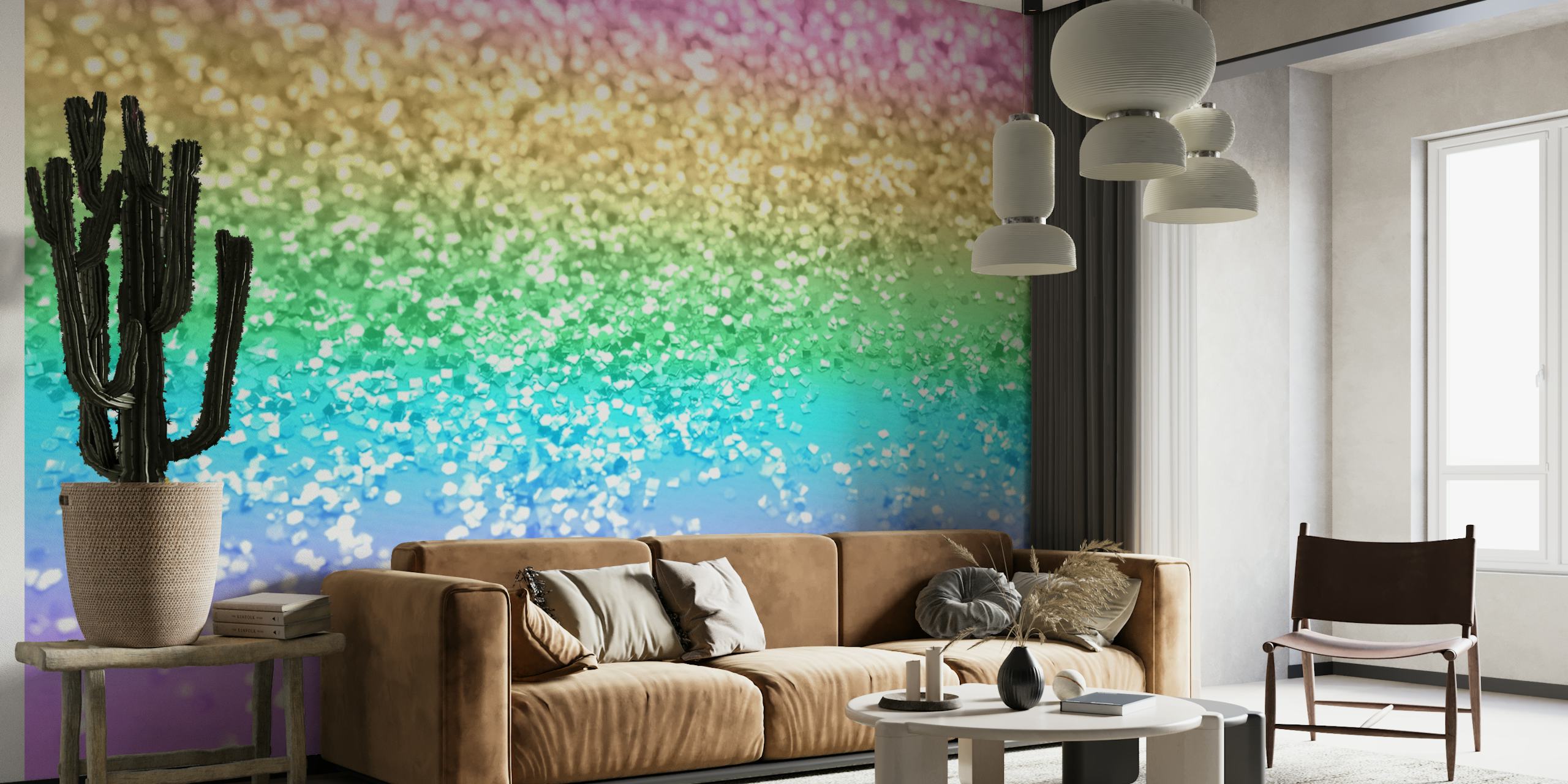 Fotomural vinílico de parede gradiente arco-íris pastel com efeito de brilho cintilante