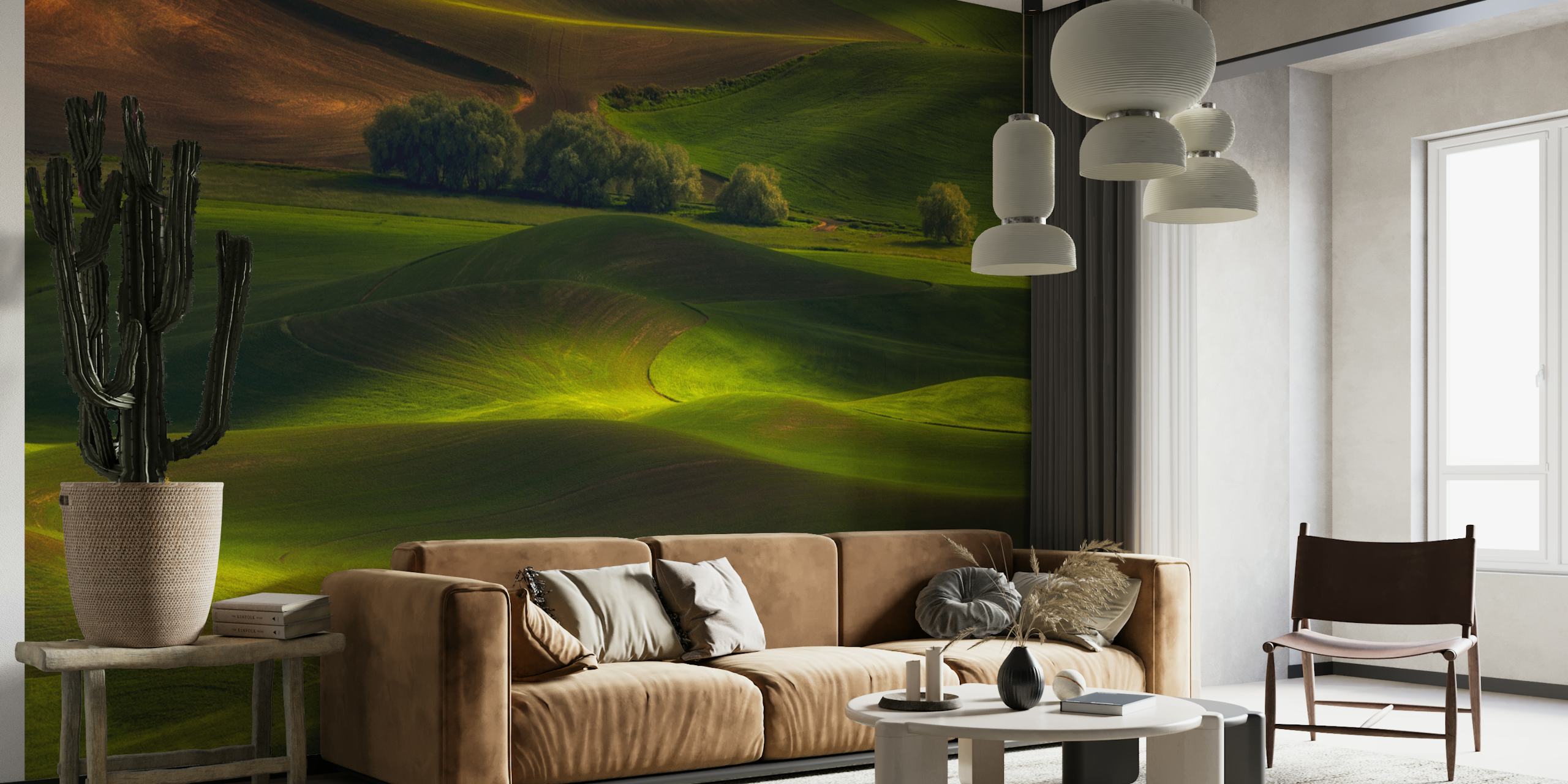 Spring landscape wallpaper in a stylish room