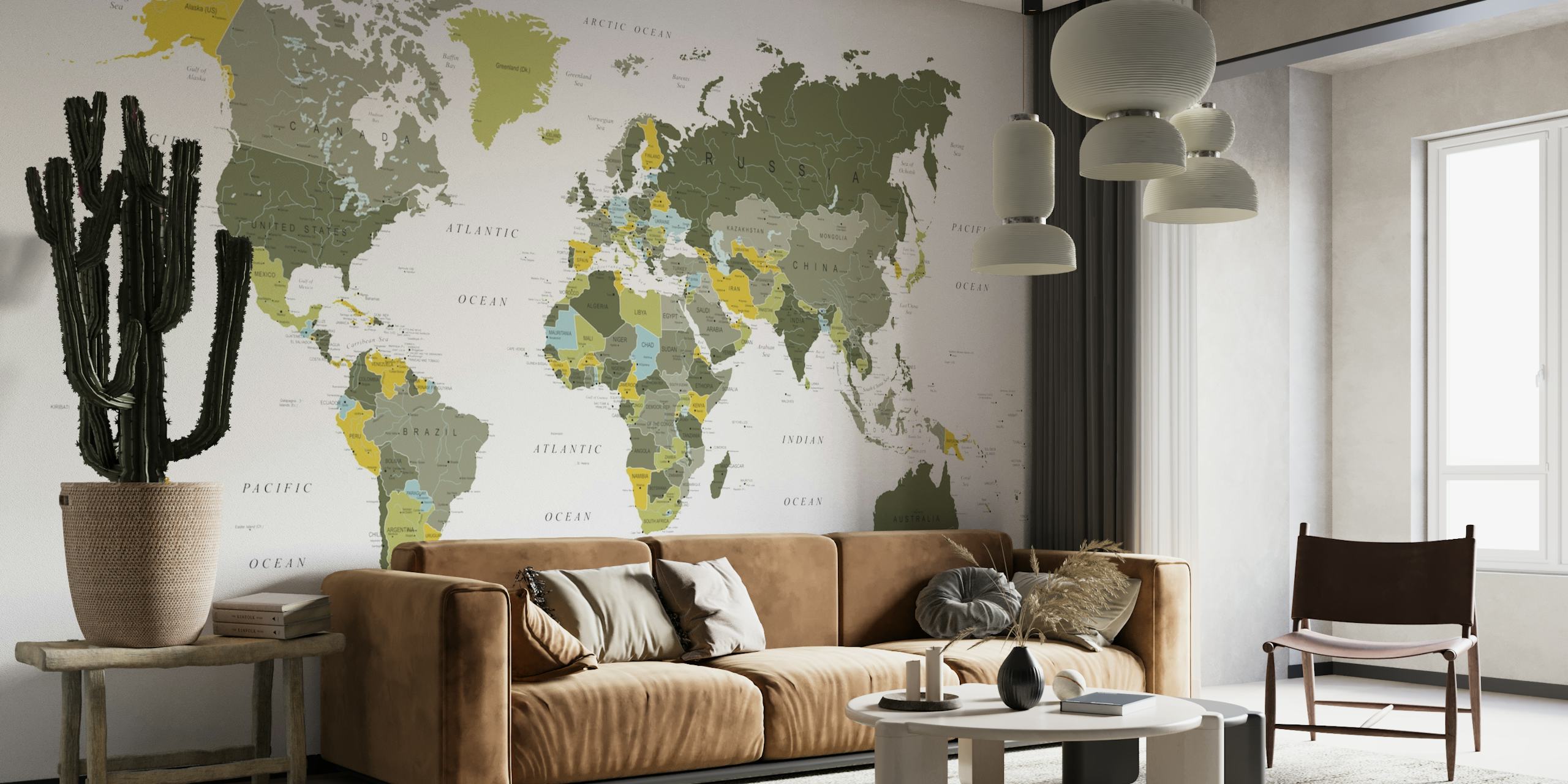 World Map Khaki Green behang