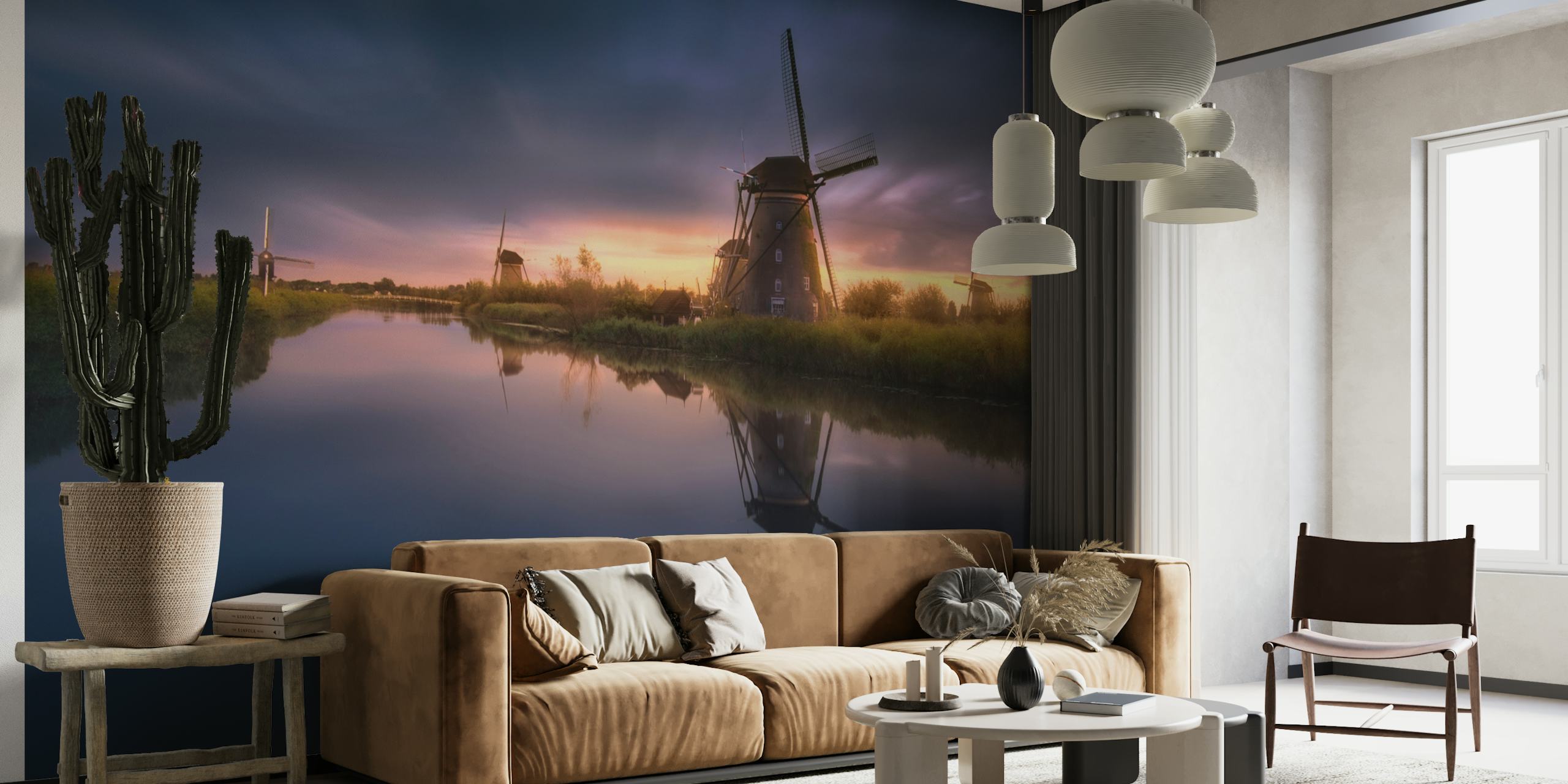 Kinderdijk Windmills wall mural with a sunset backdrop, reflecting in the calm water