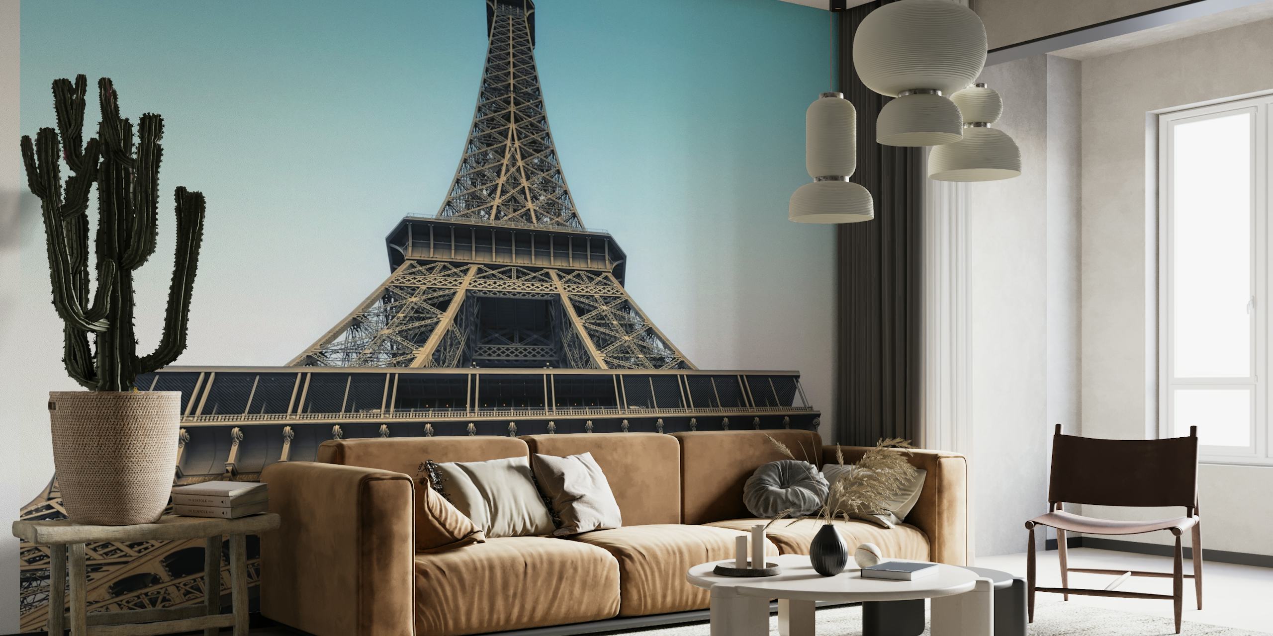 Eiffel Tower wall mural with clear blue skies