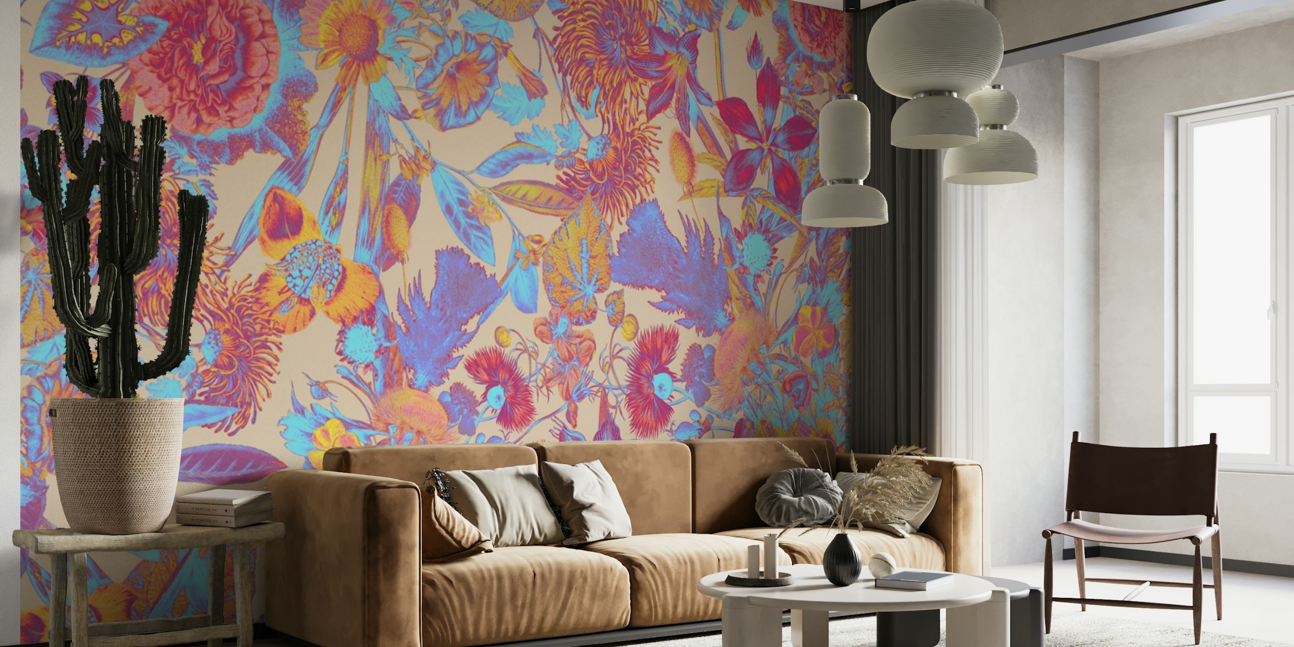 A brightly colored wall mural with a complex multicolor floral pattern.