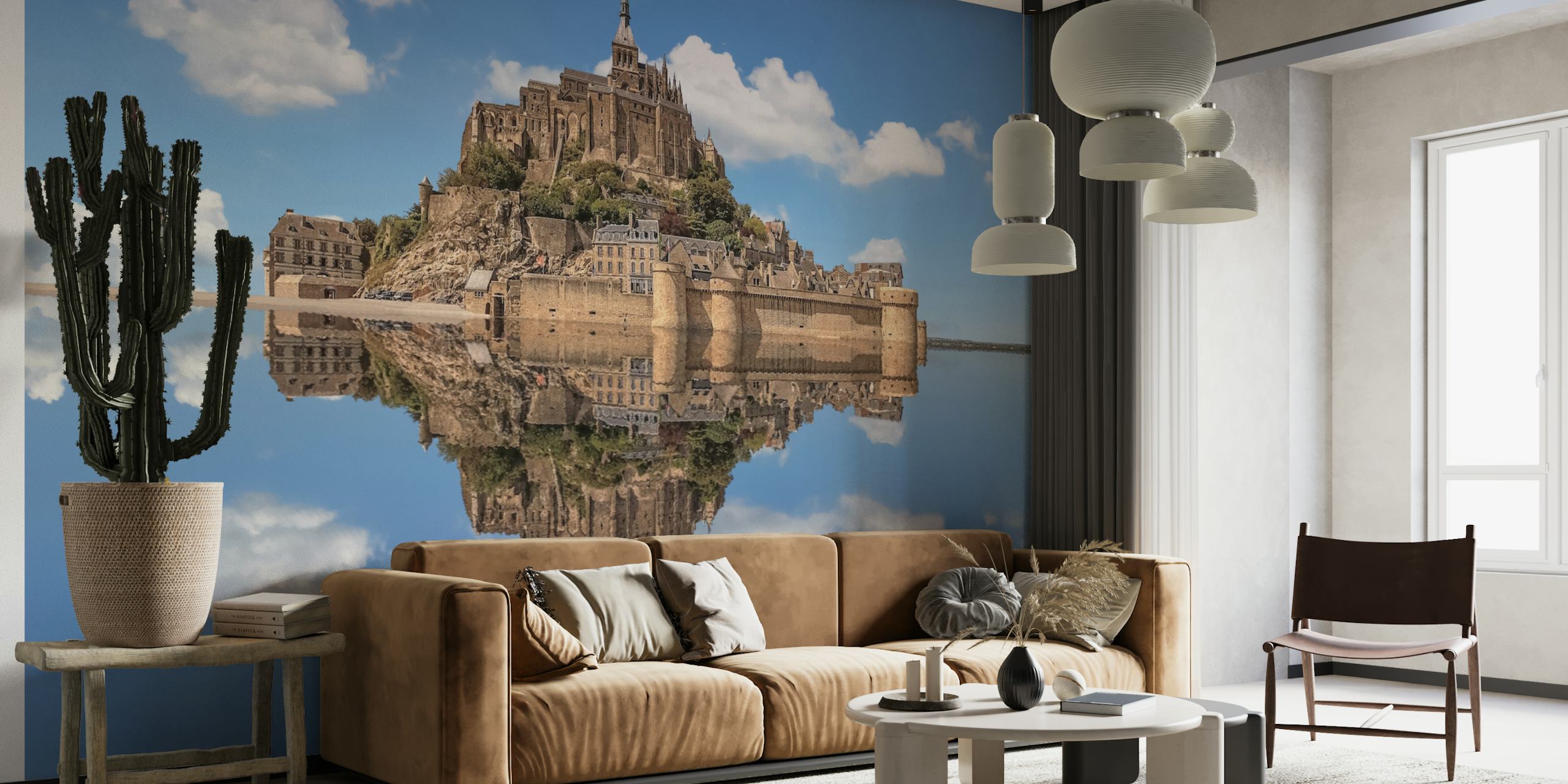 Scenic Mont Saint Michel landscape wallpaper with reflections, blue skies and clouds