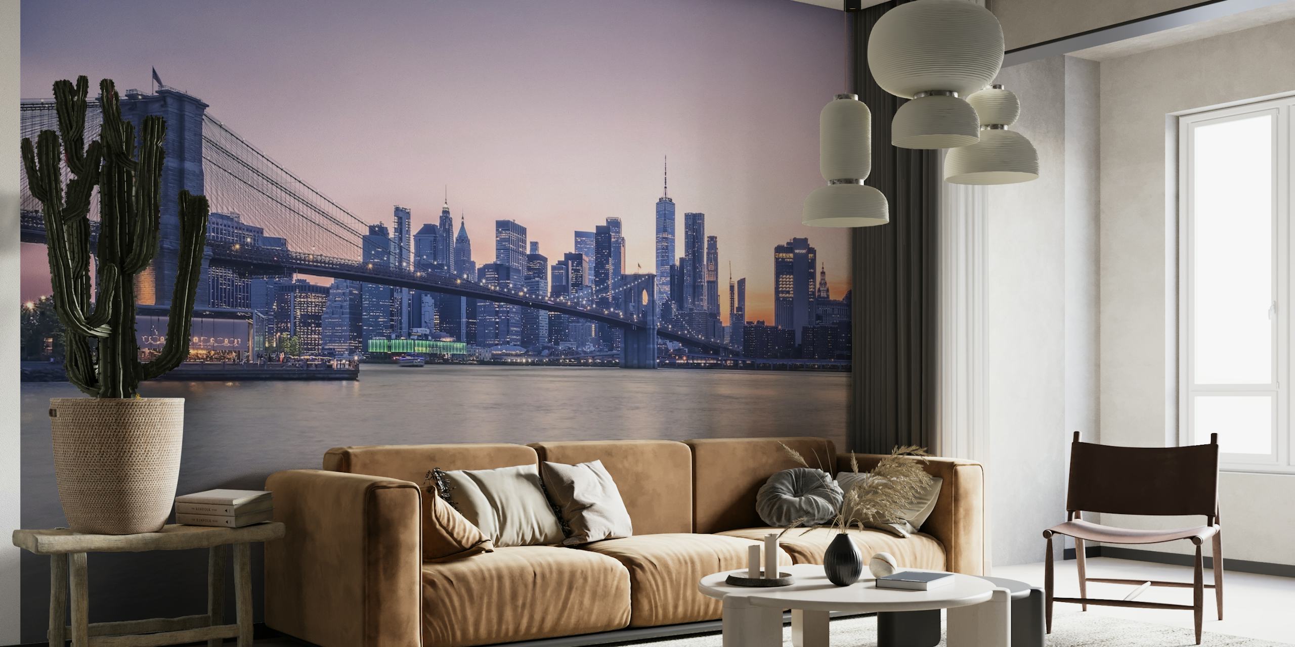 Pink New York skyline wallpaper in a room