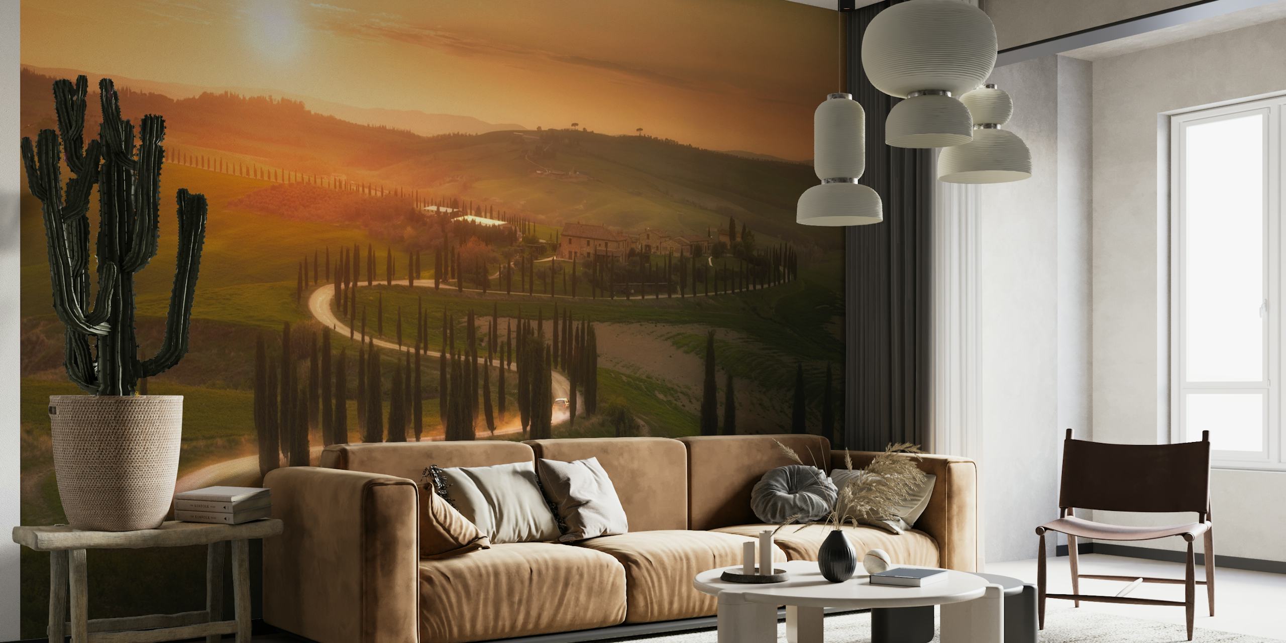 Coucher de soleil sur les collines de Toscane, fresque murale représentant un paysage pittoresque en soirée.